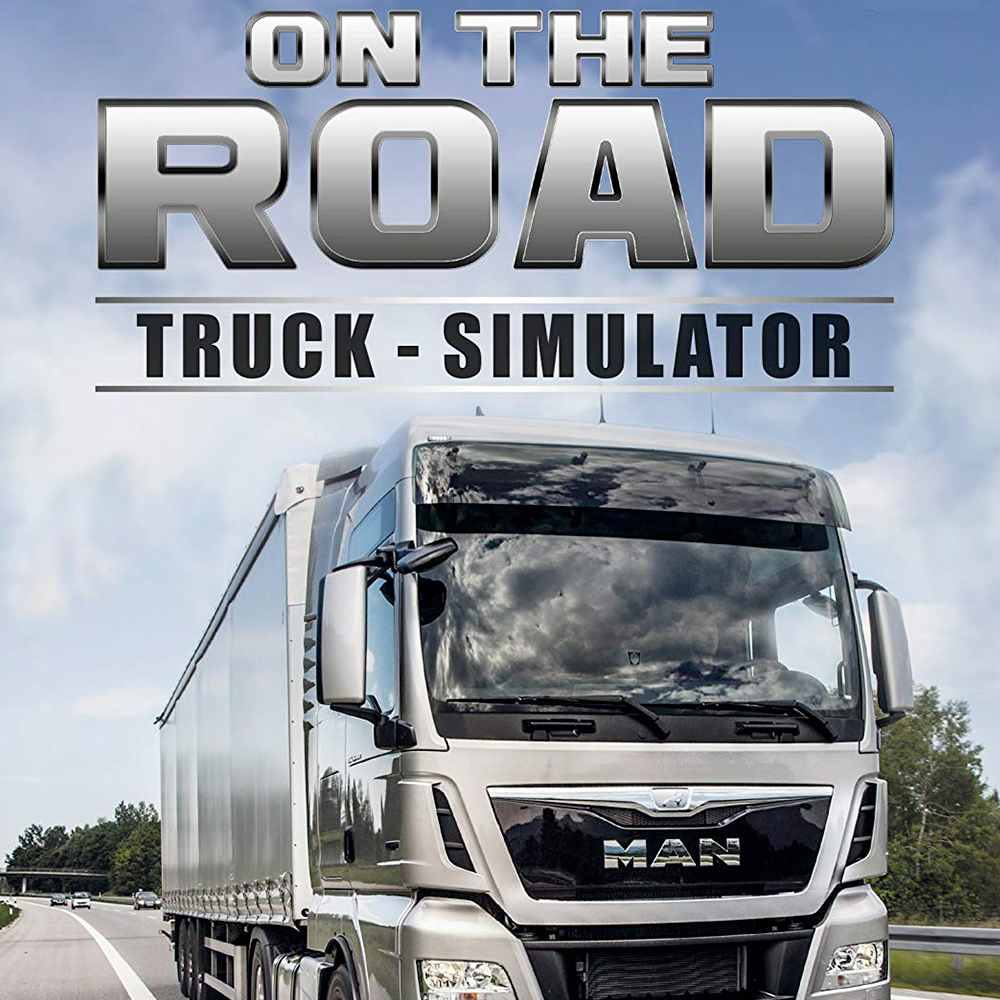 Grafika okładki On The Road Truck-Simulator. Ciężarówka na drodze z nałożonym tekstem.