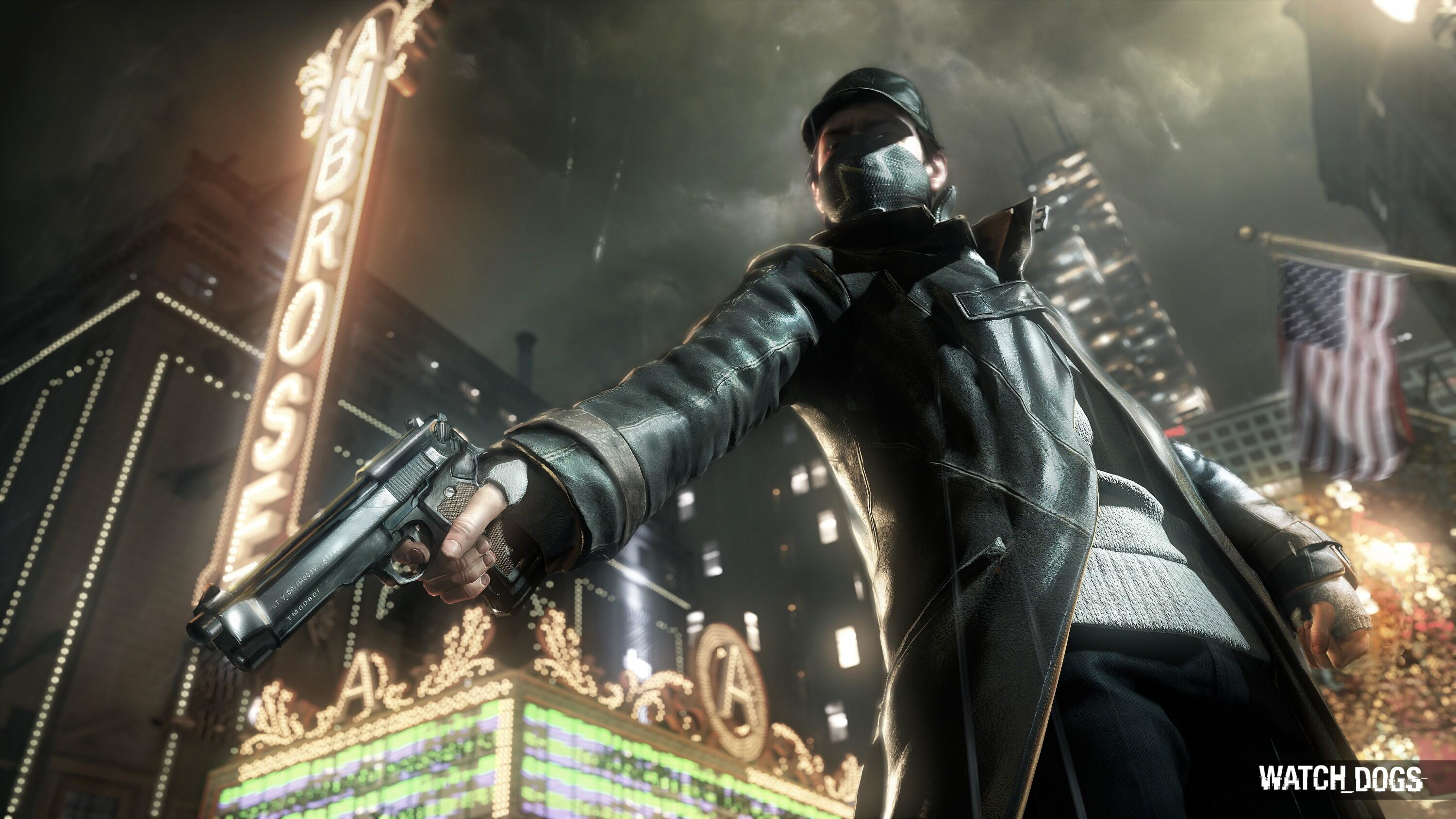 Scena z gry Watch Dogs: postać trzymająca broń w nocnym środowisku miejskim.
