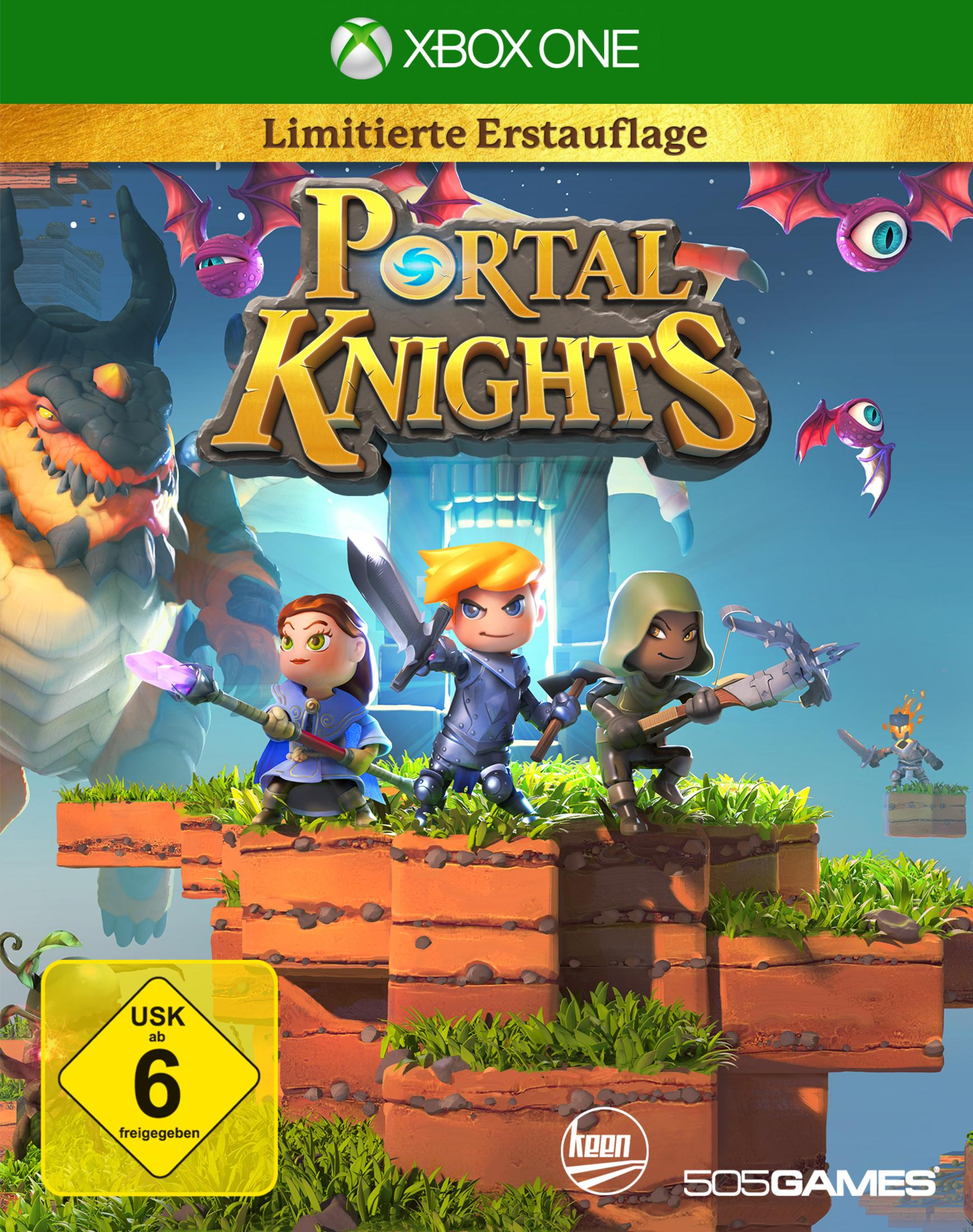 Spiel-Cover für Portal Knights mit drei Zeichentrickfiguren, die Waffen halten.