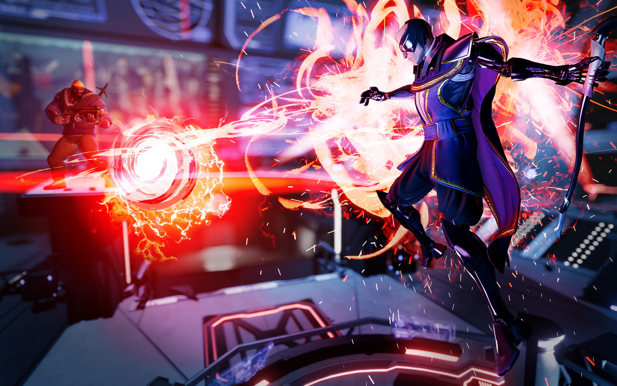 Una scena futuristica. Un personaggio sta sparando un raggio di energia rosso. Altri personaggi sullo sfondo.