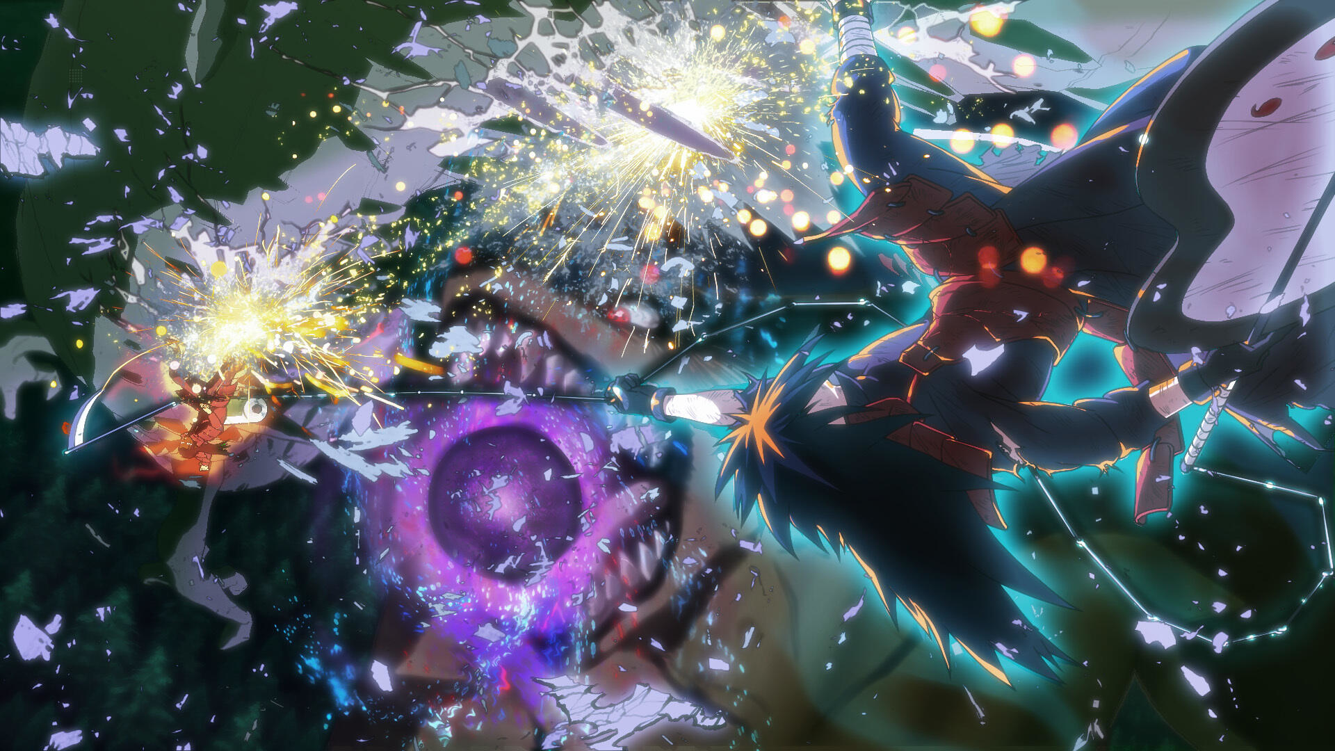 Anime-Action-Szene mit zwei kollidierenden Charakteren. Explosionen und Energieeffekte sind sichtbar.