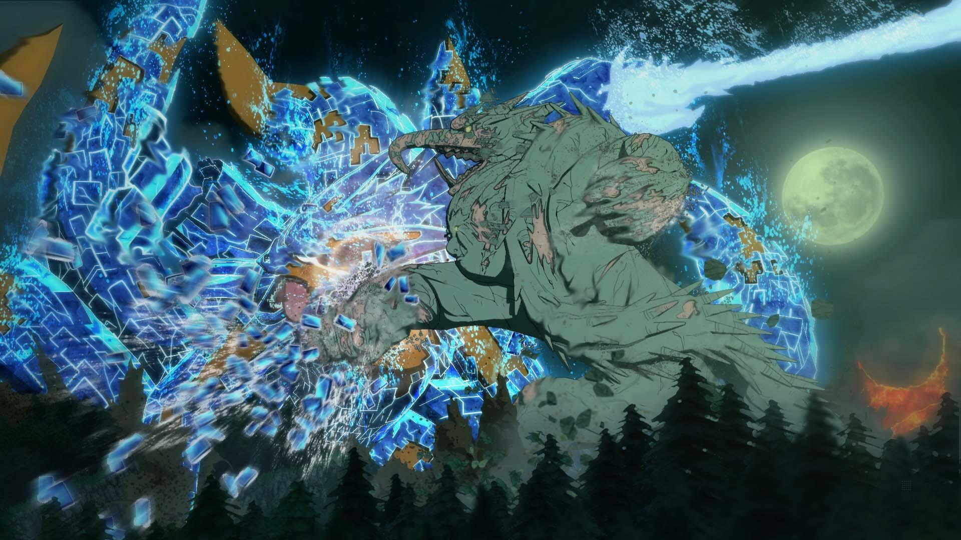 Ein blaues Monster am Himmel mit vielen blauen Lichteffekten in einer Nachtszene.