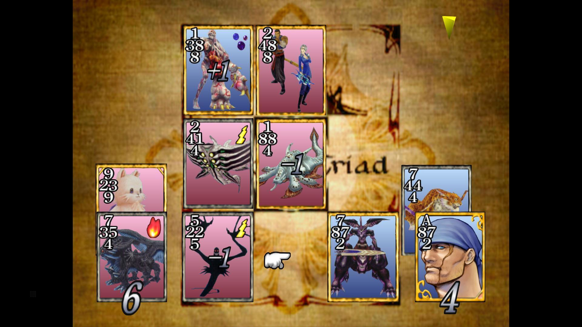 Interfejs gry karcianej z różnymi kartami potworów i postaci na brązowym tle.