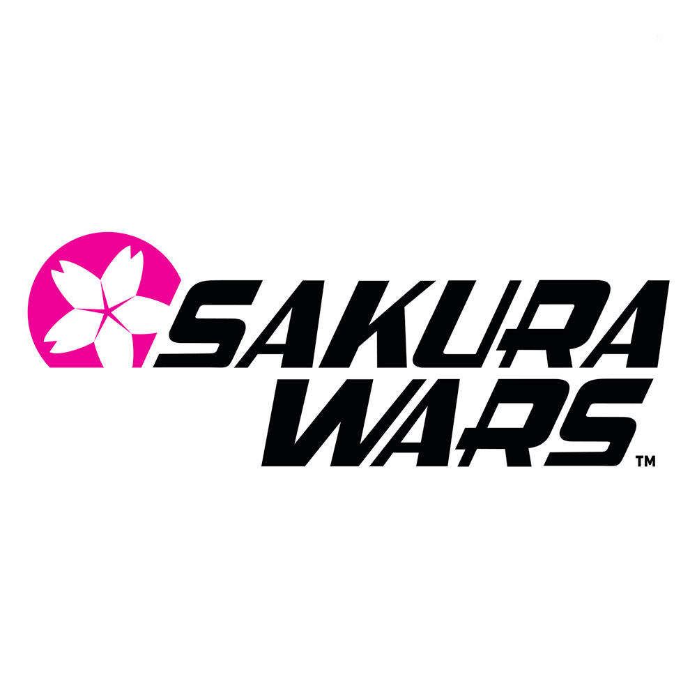 Logo Sakura Wars z różowym kwiatem i czarnym tekstem.