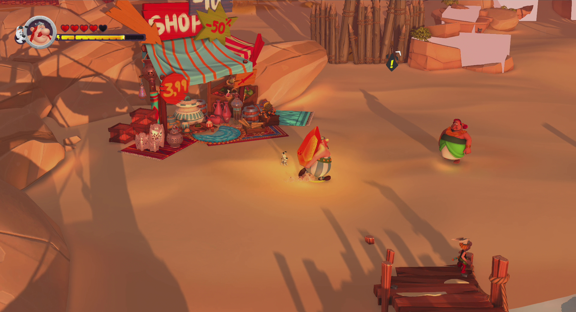 Personaggi dei cartoni animati in un mercato nel deserto. Un negozio, sabbia e altri personaggi sullo sfondo.