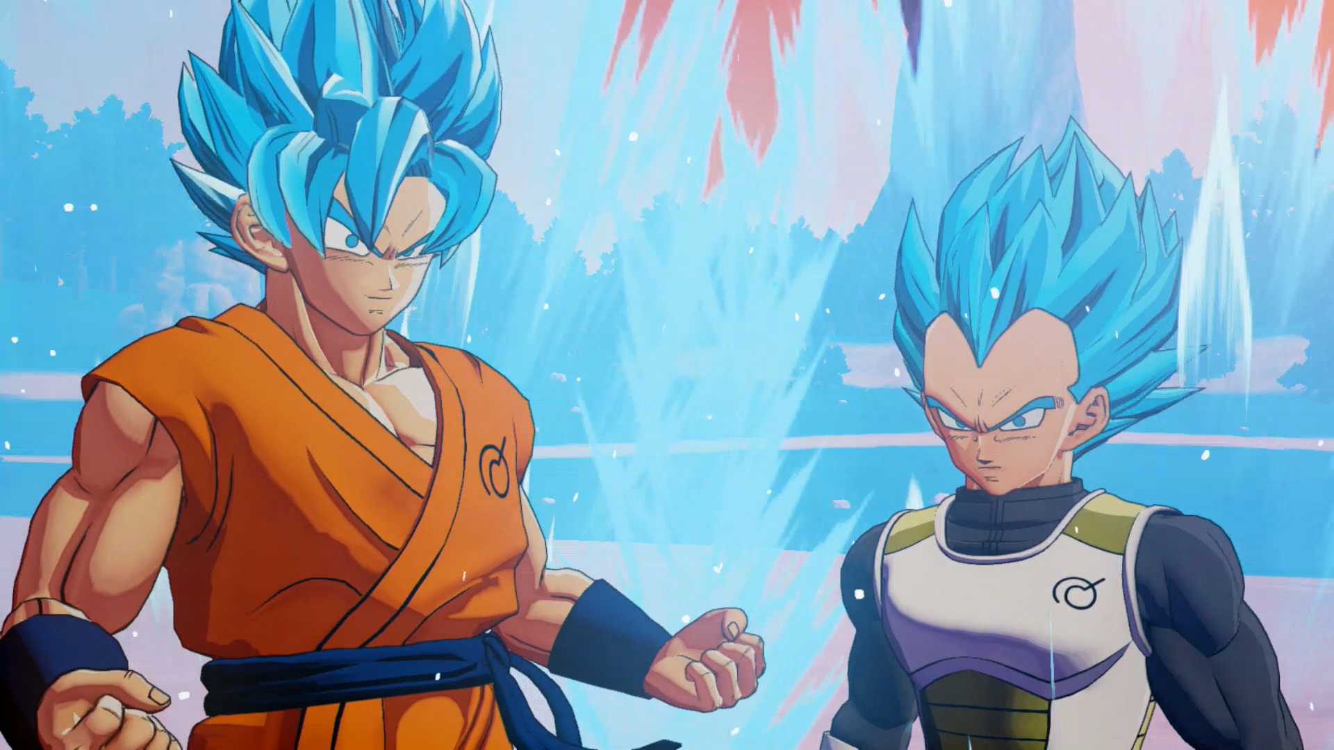 Personaggi di Dragon Ball Z, Goku e Vegeta nelle loro super forme con i capelli blu, rivolti verso lo spettatore.