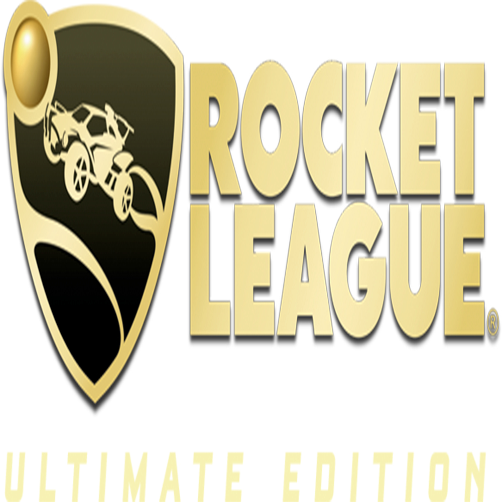 Logo Rocket League Ultimate Edition z samochodem i złotą tarczą.
