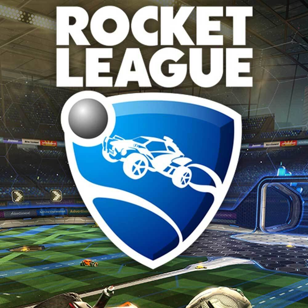 Okładka gry Rocket League z samochodem, tarczą i stadionem.