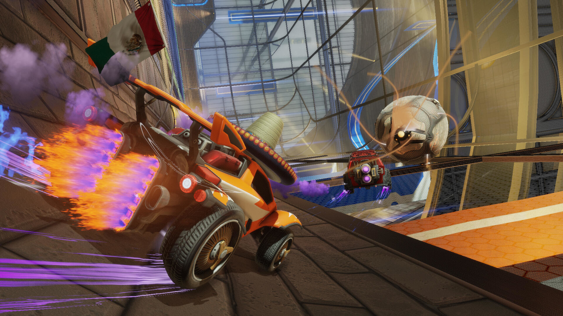 Samochód Rocket League z meksykańską flagą i sombrero grający w piłkę nożną.