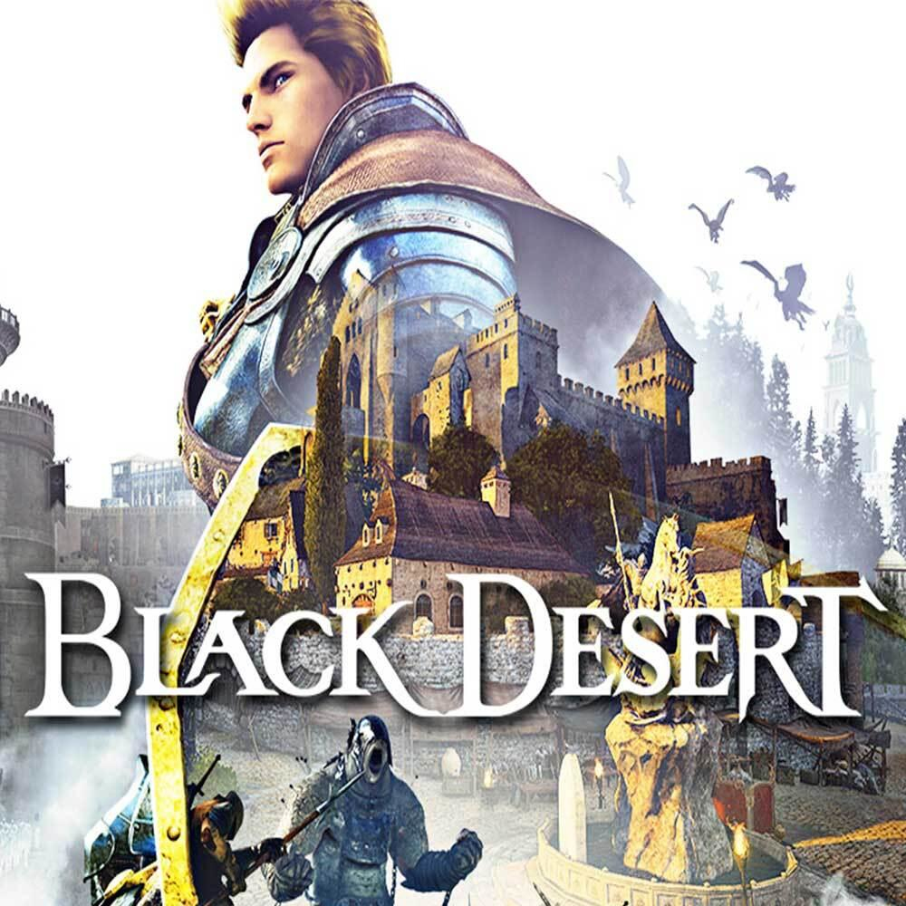 Okładka gry Black Desert, pokazująca rycerza, zamek i różne postacie.