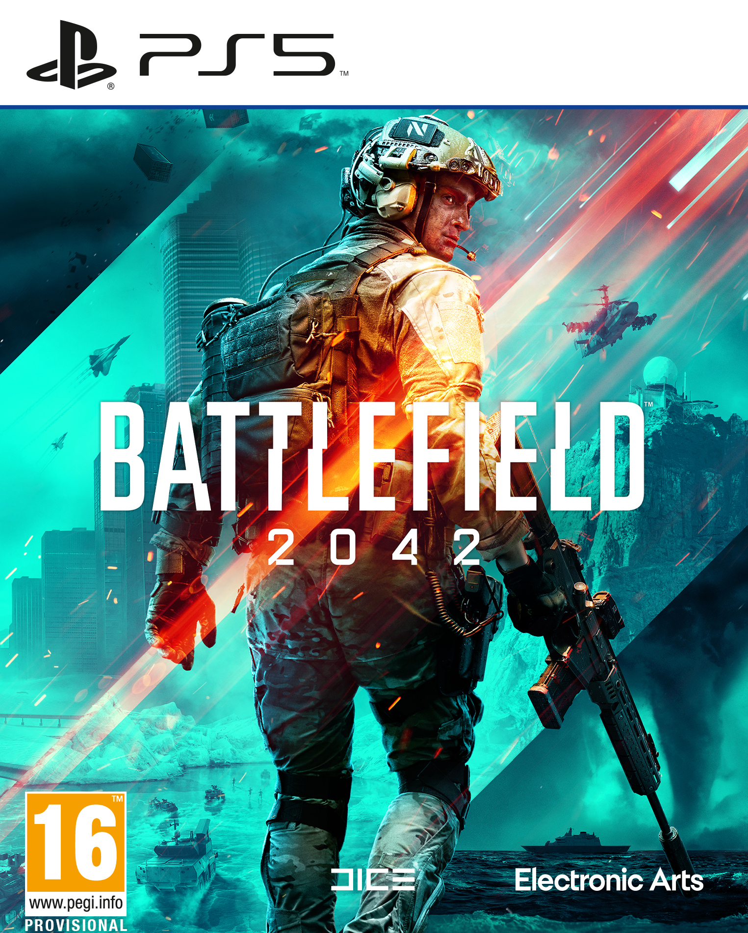 Okładka gry Battlefield 2042. Żołnierz z bronią, z futurystycznym tłem z samolotami.