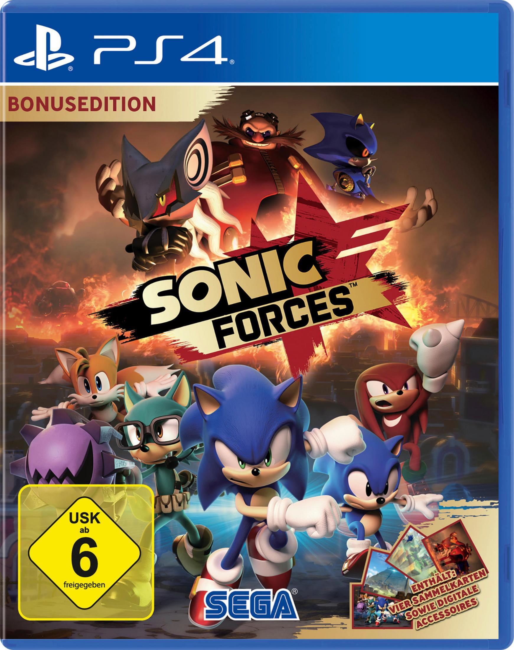 Okładka gry Sonic Forces. Sonic z innymi postaciami. Tło przedstawia ognistą scenę.