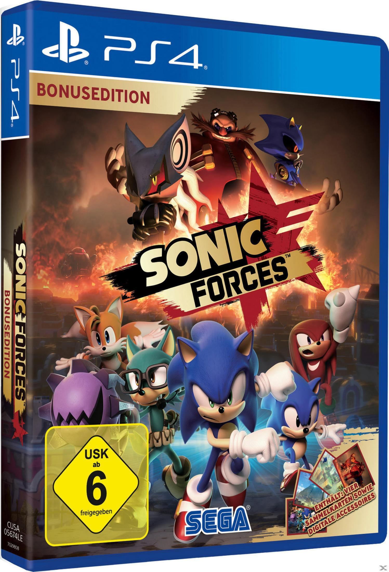 Okładka gry: Sonic i inne postacie na ognistym tle. Tekst 'Sonic Forces'.