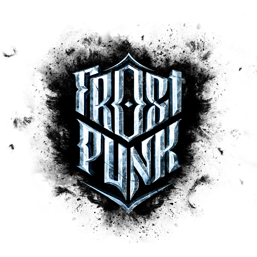 Tekst tytułu 'Frostpunk' z czarno-białym tłem.