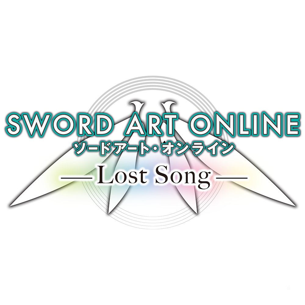 Logo Sword Art Online Lost Song. Tekst jest w języku angielskim i japońskim, z kolorowym tłem.