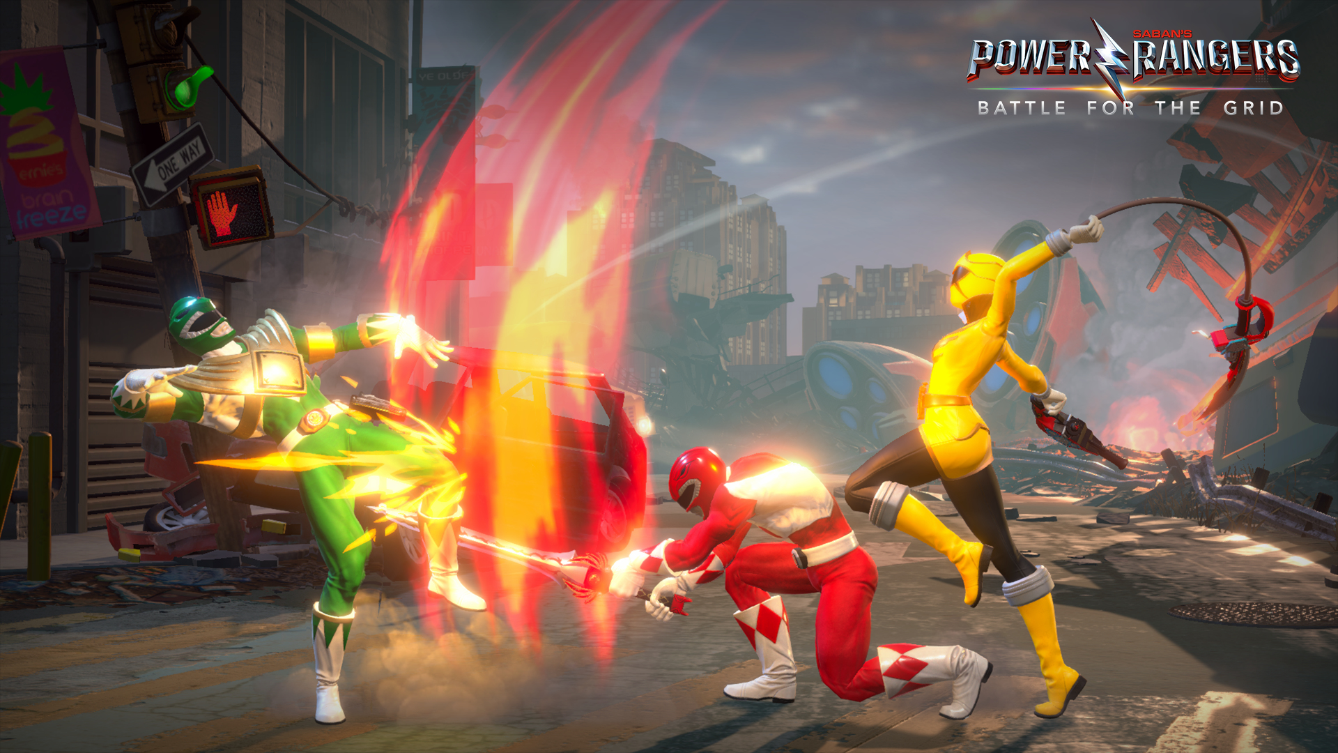 Power Rangers che combattono con le armi. Rangers rossi, verdi e gialli combattono con fuoco ed esplosioni.