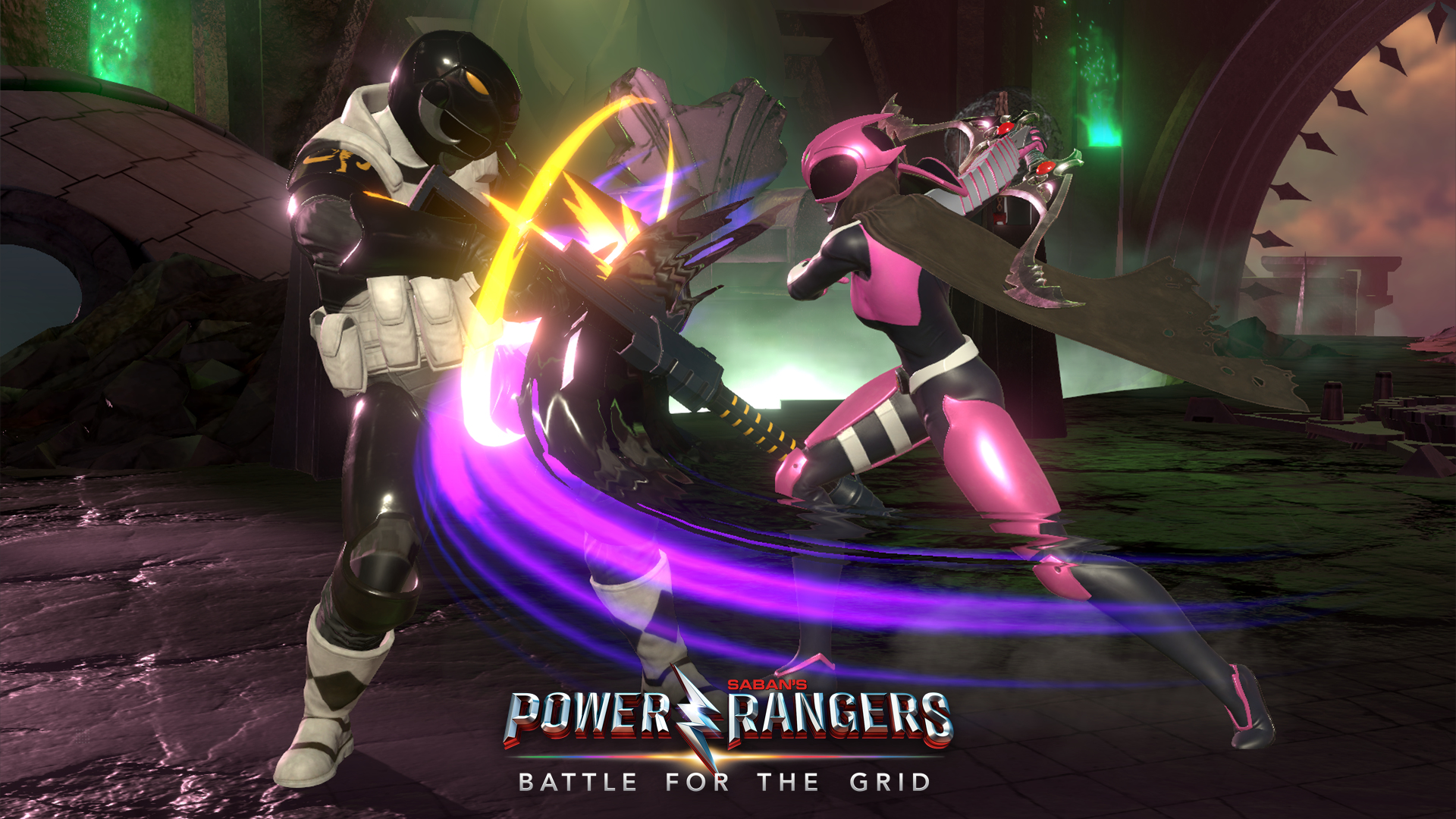 Power Rangers che combattono con le armi. Un Ranger rosa combatte contro un Ranger nero. Il logo è visibile.