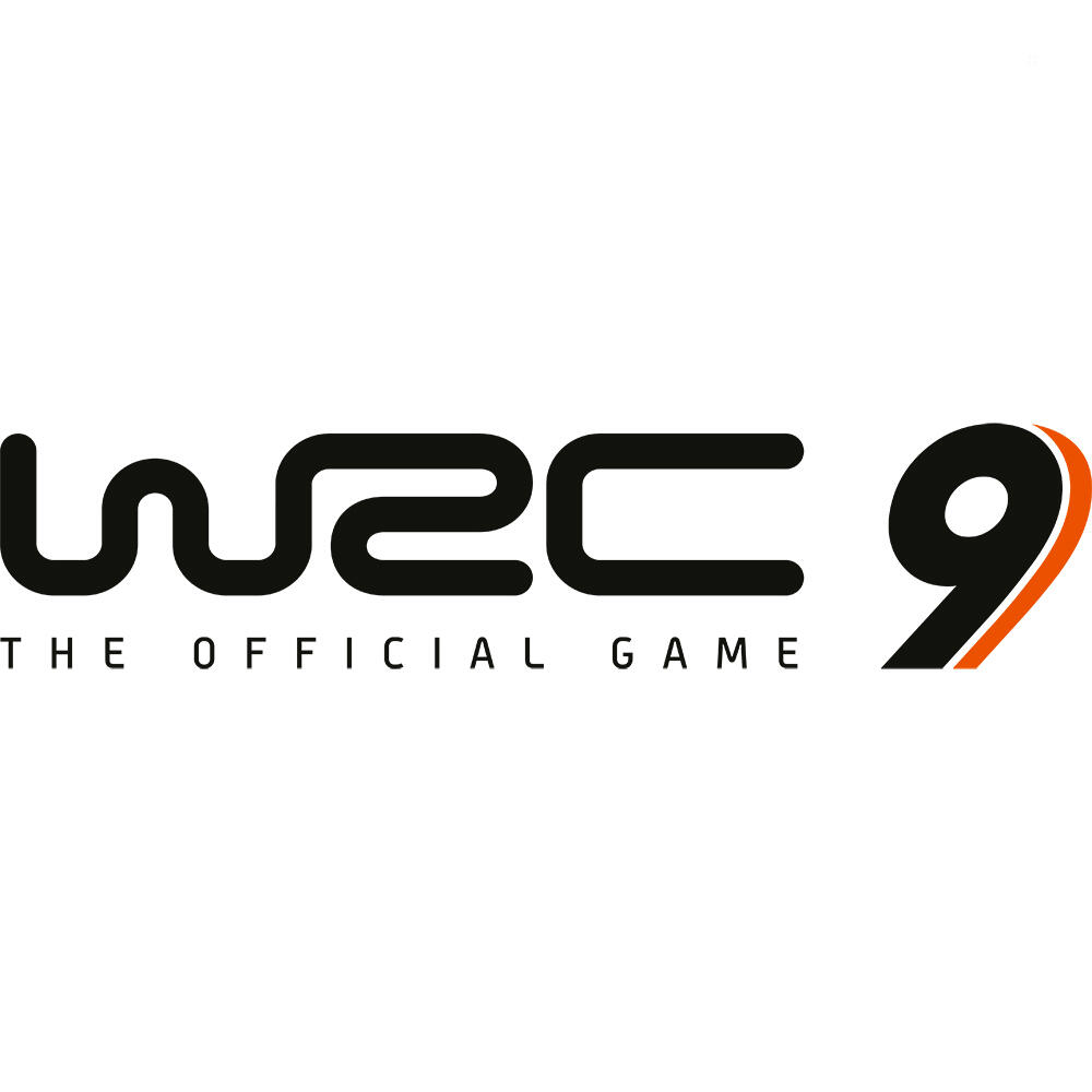 Logo WRC 9 z czarnymi literami i pomarańczową cyfrą 9 na białym tle.