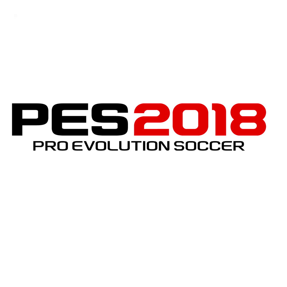 Logotipo del juego PES 2018. El texto es negro y rojo, con fondo blanco.
