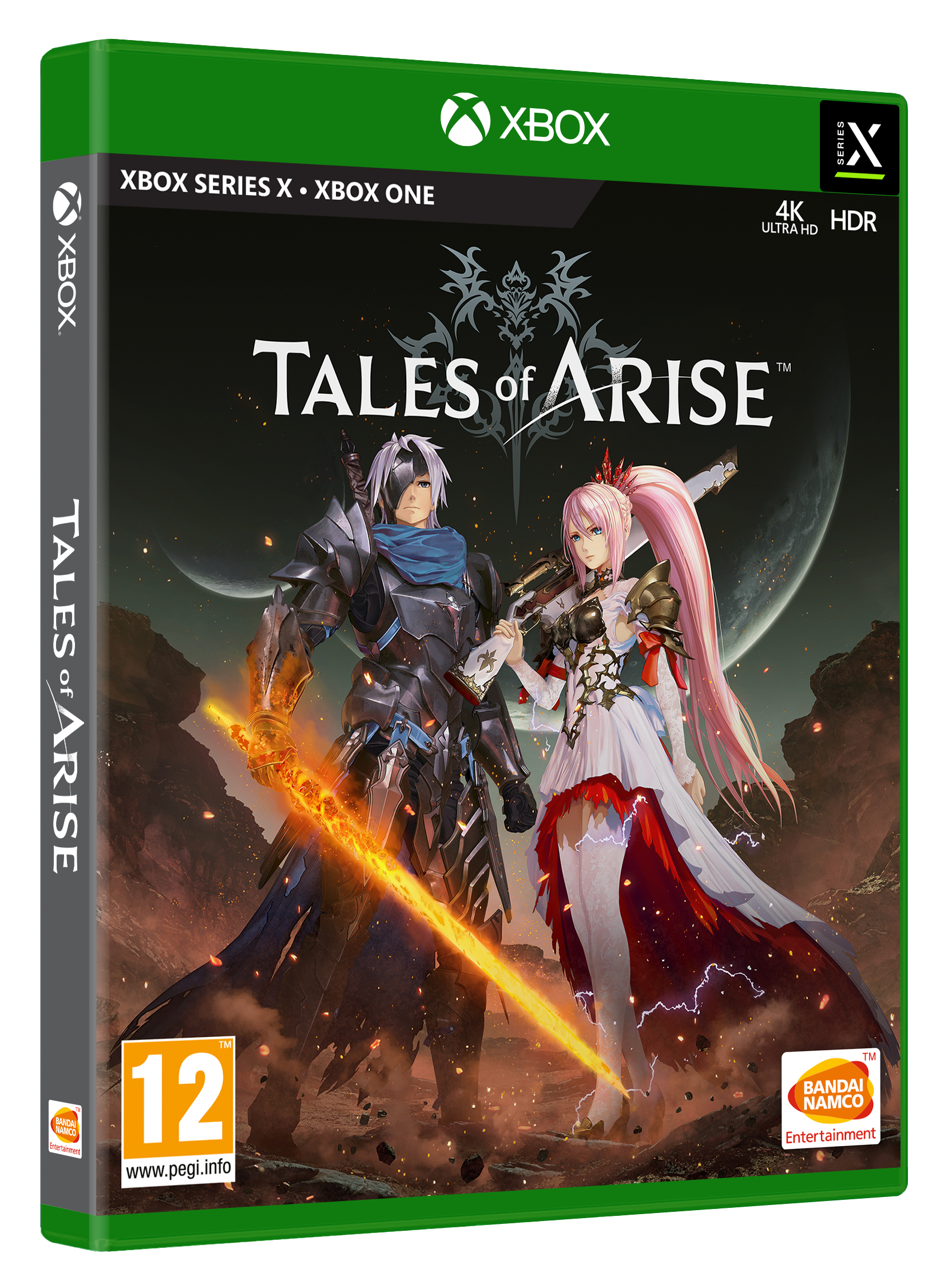 Copertina del gioco Tales of Arise. Due personaggi con spade, su sfondo di pianeti.