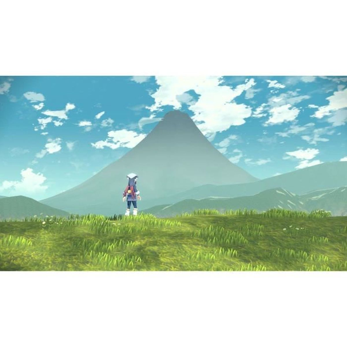 Postać na polu, góra w tle, błękitne niebo z chmurami.