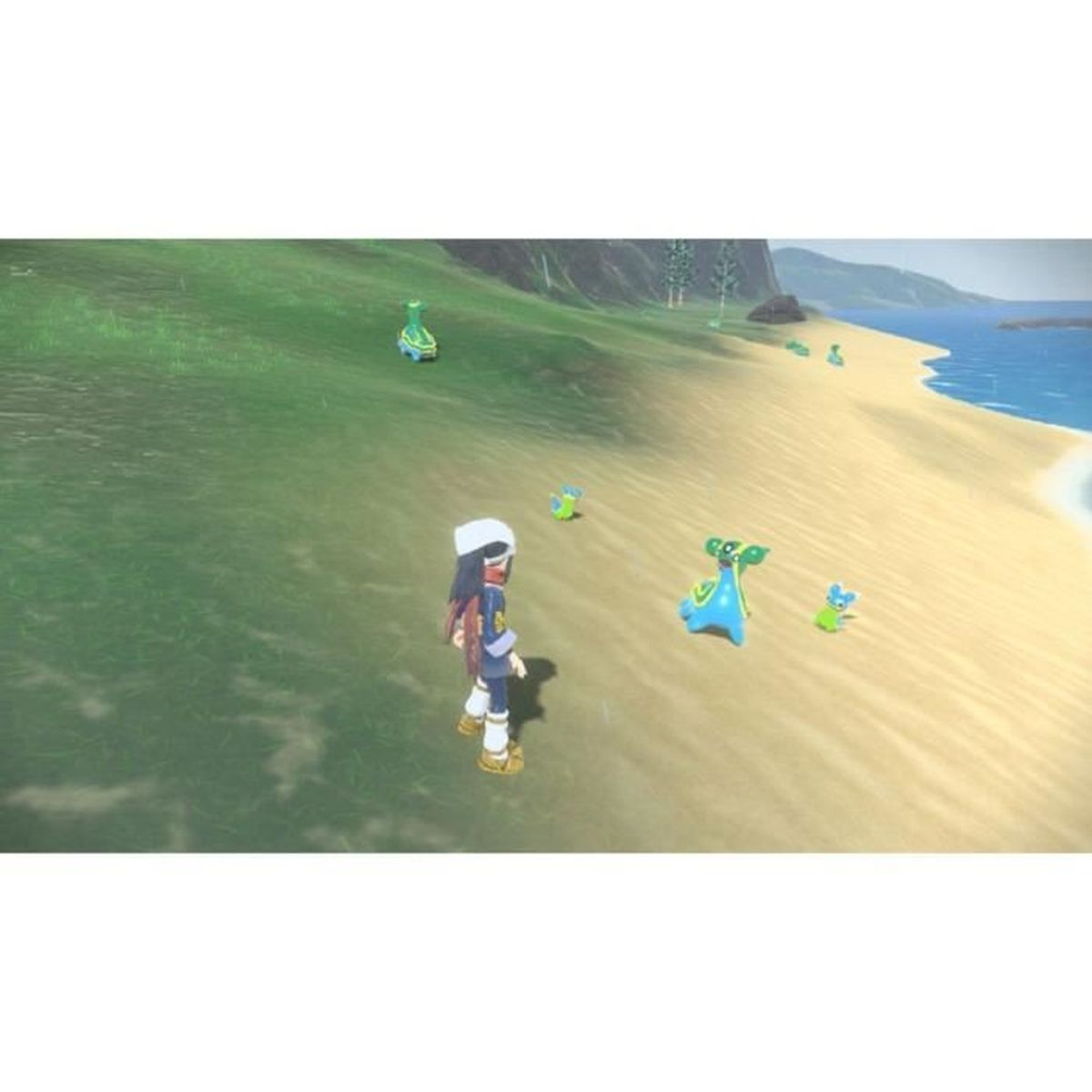 Postać na plaży ze stworzeniami. Ocean i drzewa w tle.