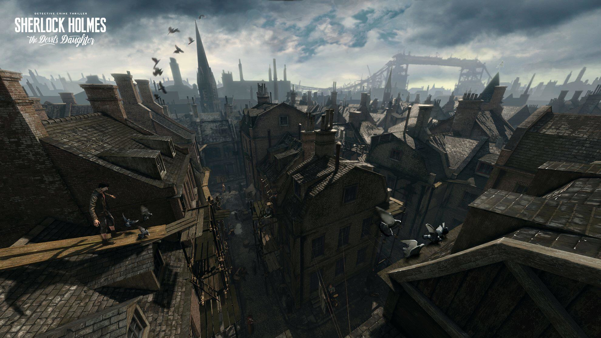 Sherlock Holmes Spielszene: Stadtlandschaft mit Dächern, Gebäuden und Himmel. Dunkle und atmosphärische Umgebung.