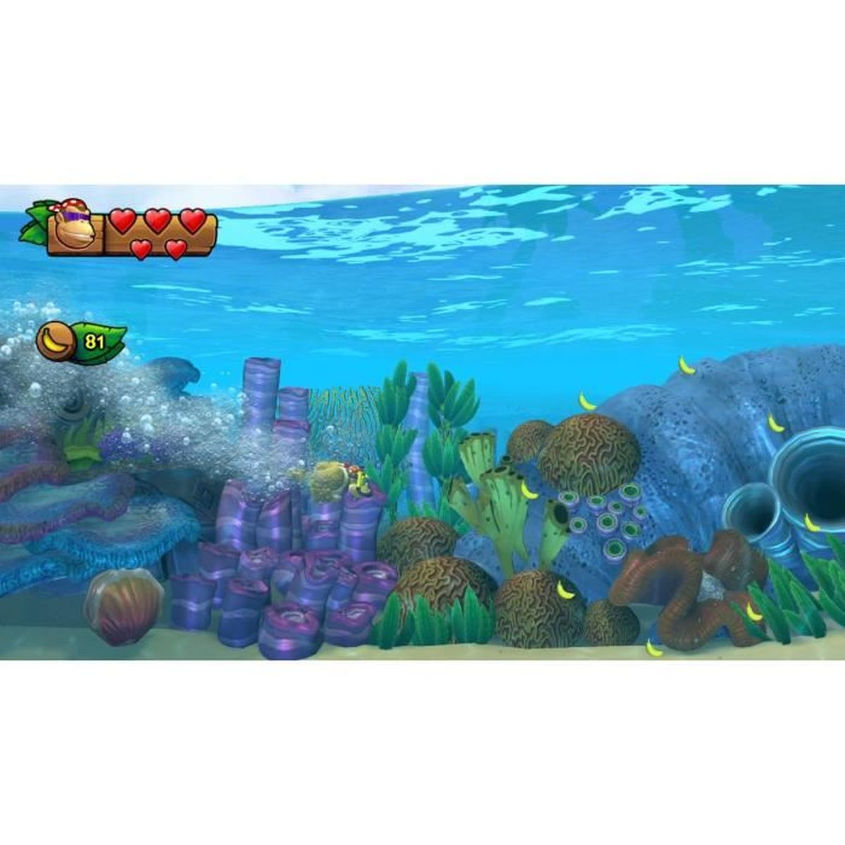 Poziom podwodny Donkey Kong z rafami koralowymi i paskiem zdrowia. Donkey Kong jest na górze.