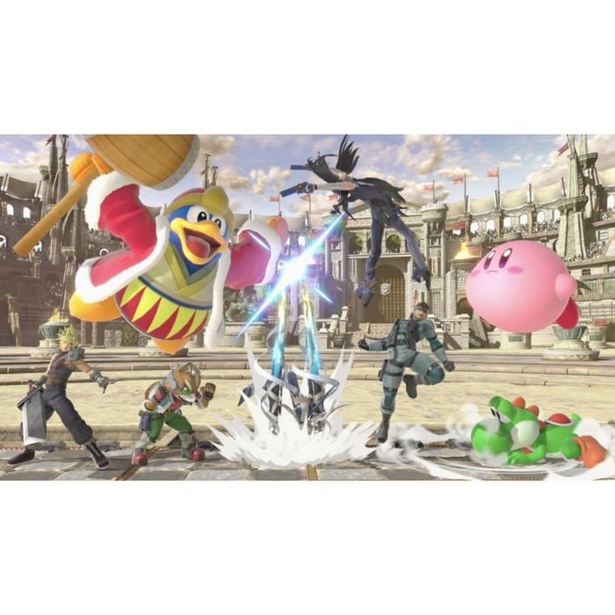 Postacie Smash Bros walczące. King Dedede, Kirby, Cloud, Fox, Snake, Bayonetta i Yoshi.