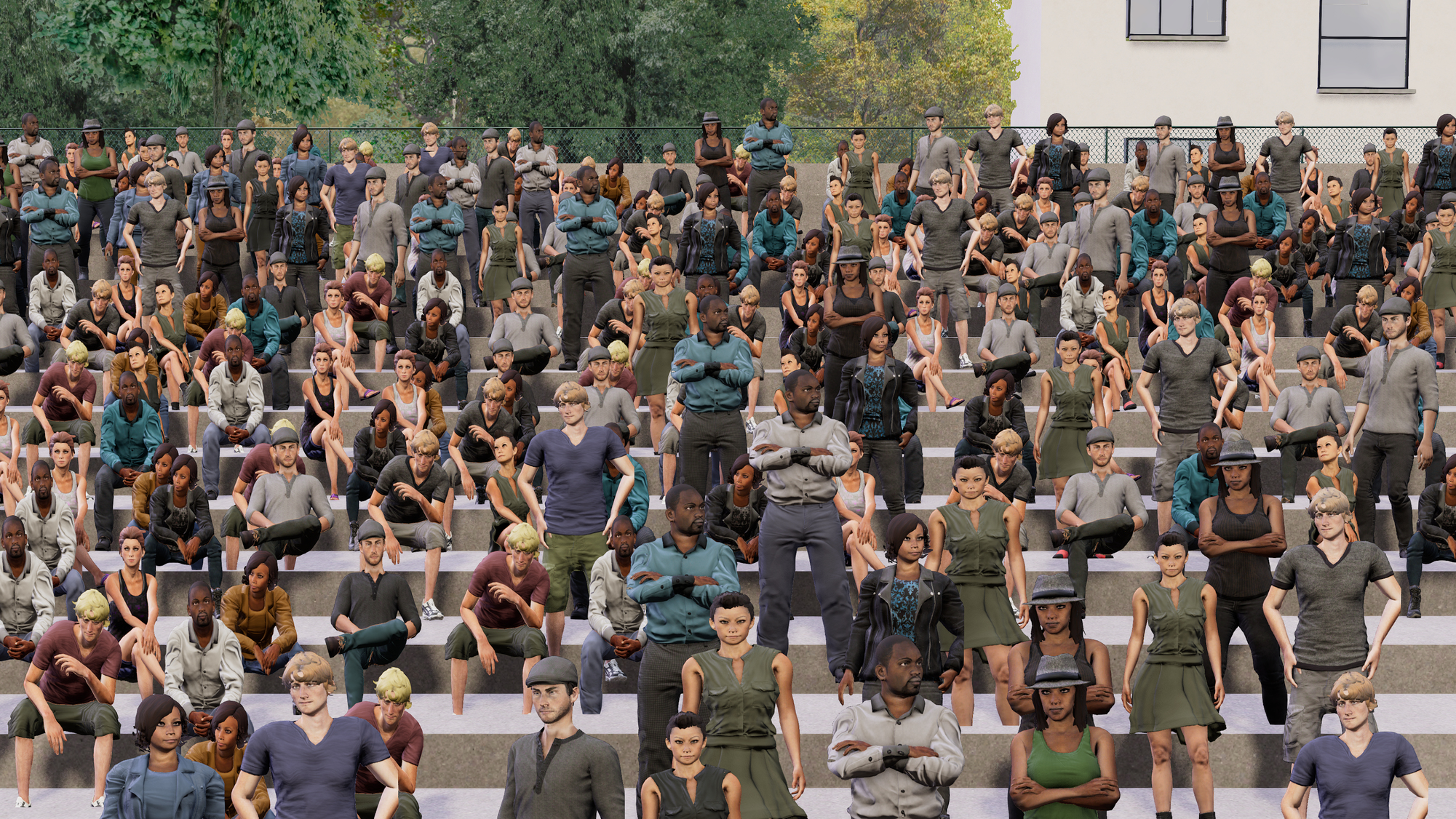 Tłum różnorodnych ludzi na stadionie, oglądających grę lub wydarzenie.