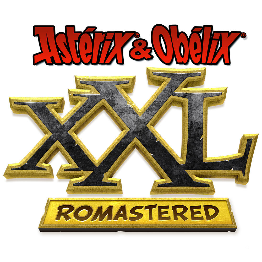 Logo Asterix & Obelix XXL Romastered, złoty i czarny tekst na białym tle.