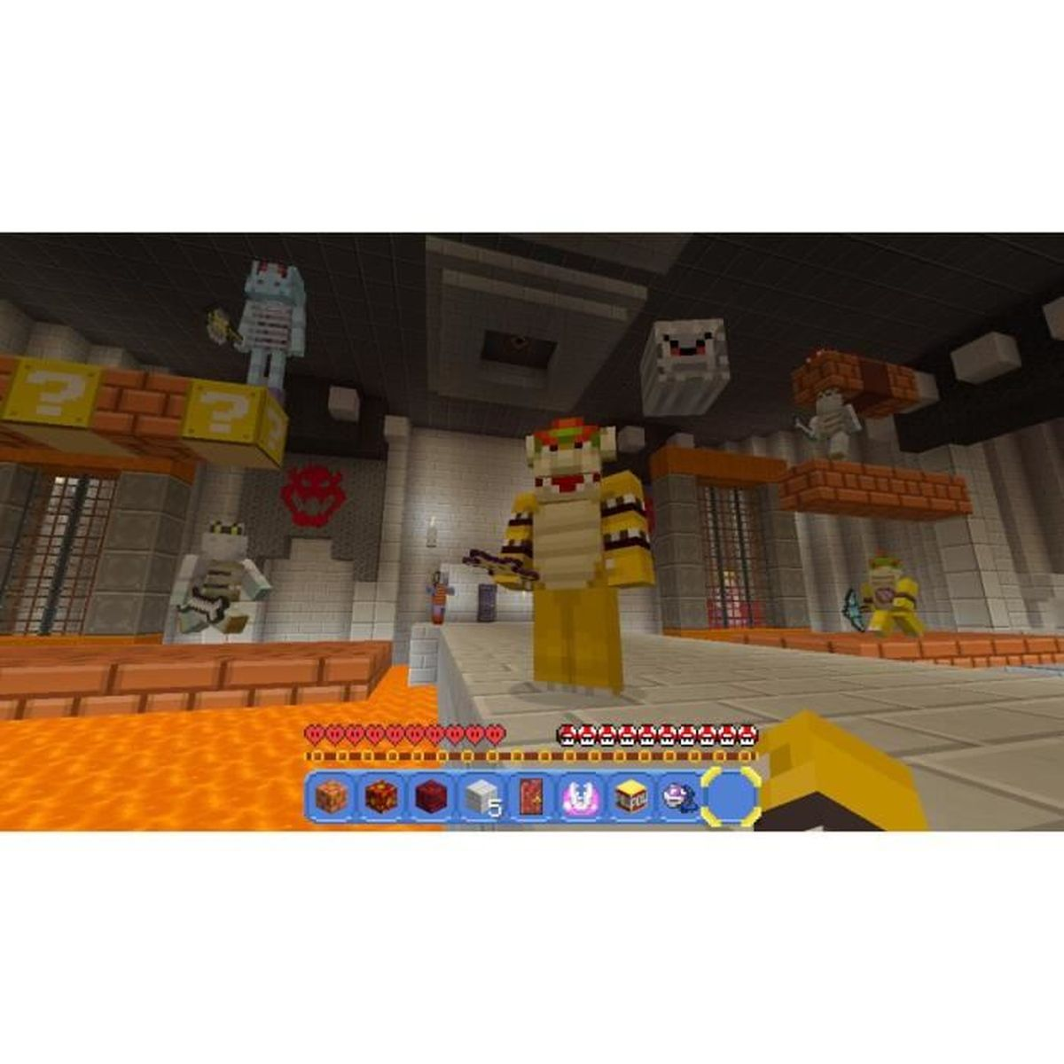 Scena z gry Minecraft z Bowserem w zamkowym otoczeniu z różnymi postaciami.