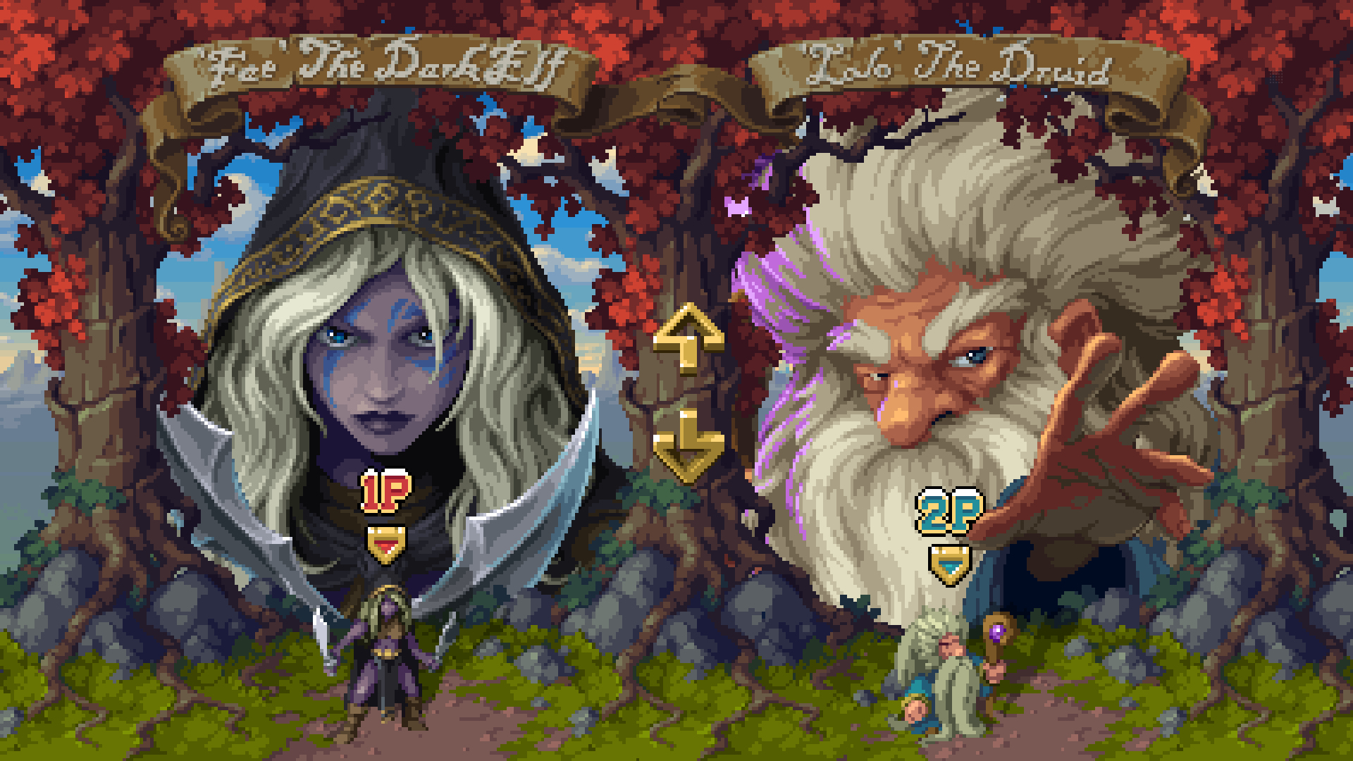 Dwa portrety postaci z pikselowej gry, ze strzałkami wskazującymi ich wybór w grze.