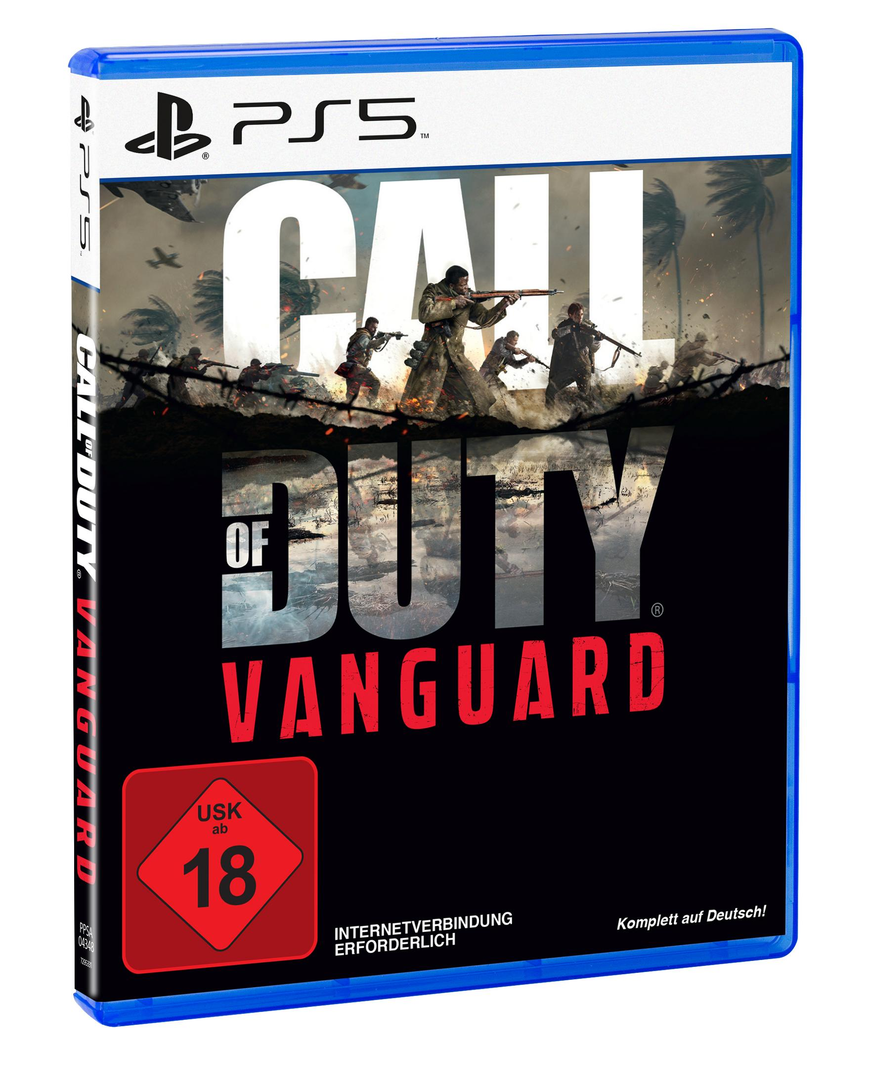 Copertina del gioco Call of Duty: Vanguard. Soldati con armi corrono in una zona di guerra. Il titolo del gioco è in evidenza.