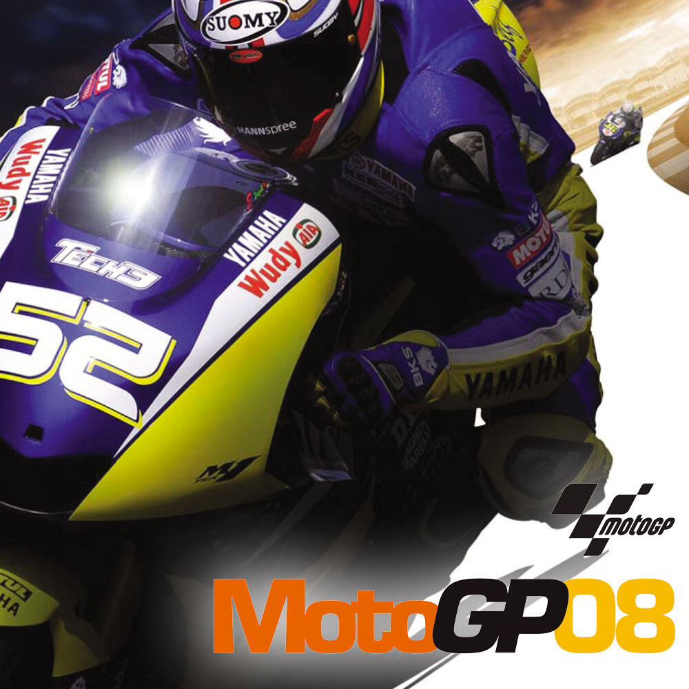 Okładka gry MotoGP 08. Zawodnik na motocyklu pędzi po torze. Logo i tytuł gry są widoczne.
