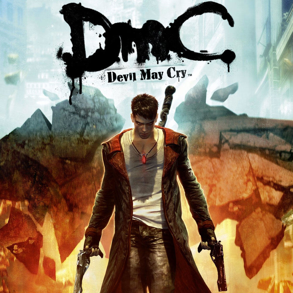 Okładka gry z mężczyzną w czerwonym płaszczu trzymającym dwie broń, z tytułem "DMC Devil May Cry".