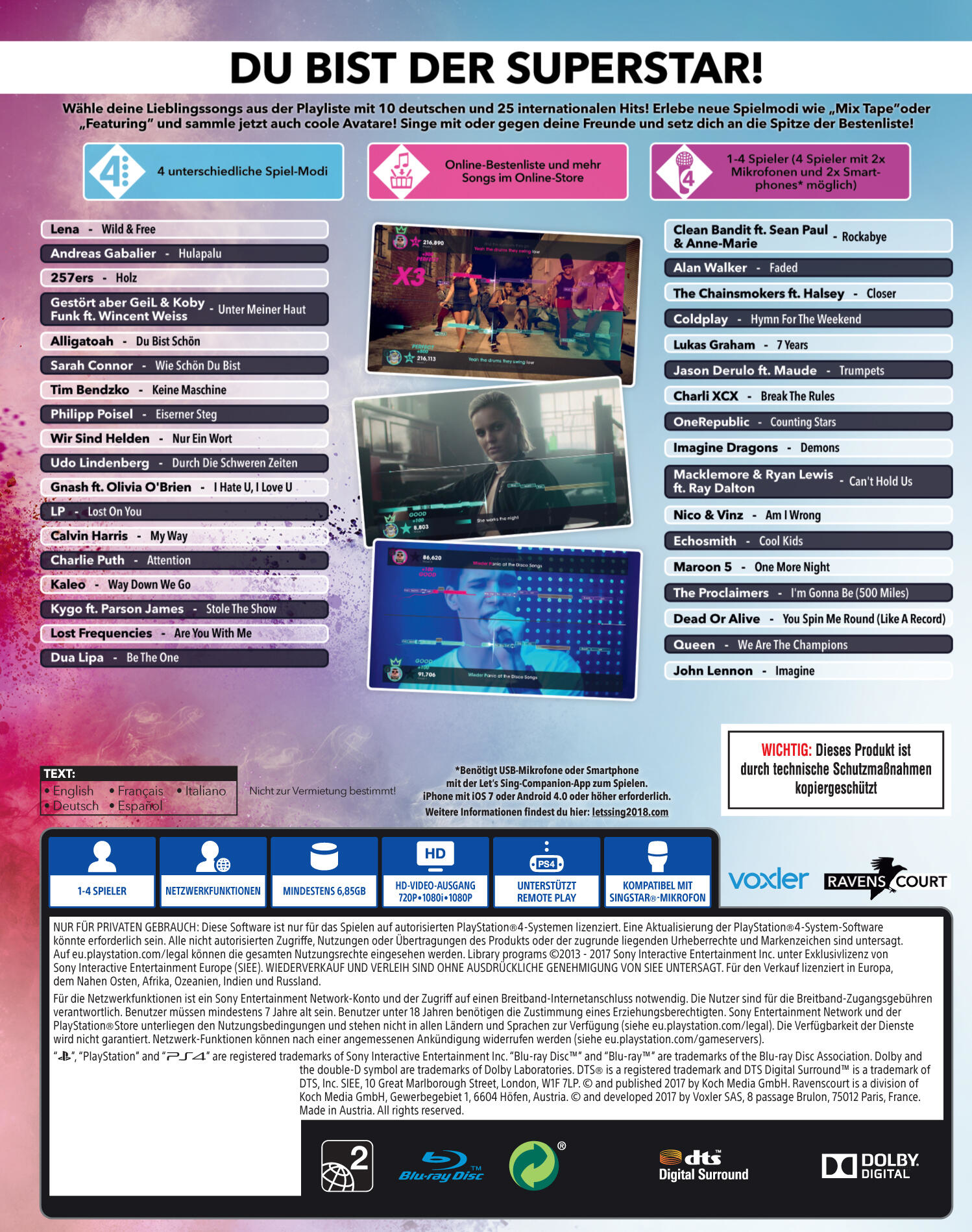 Rückseite eines Produkts mit Songlisten, Spielmodi und Credits. Das Spiel-Logo befindet sich in der Mitte.