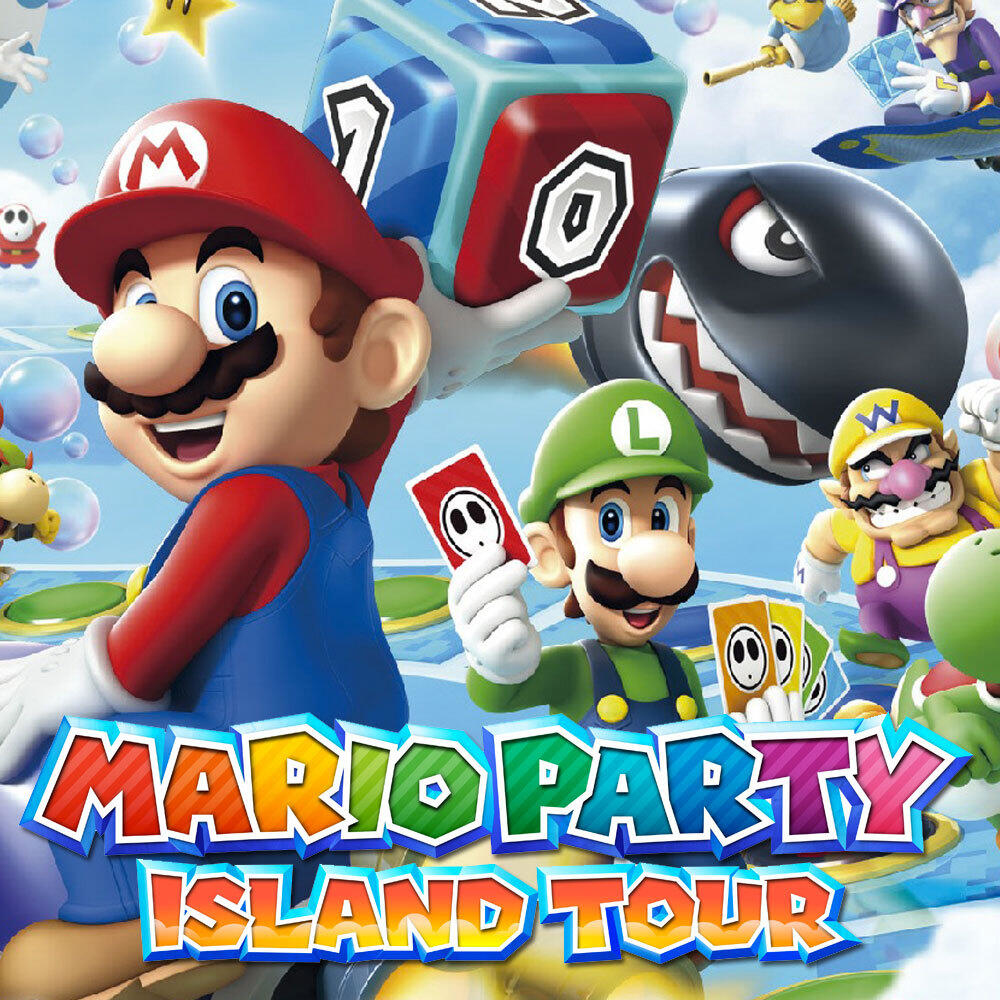 Mario i Luigi z kartami, z innymi postaciami i kostką. Widoczne logo gry 'Mario Party Island Tour'.