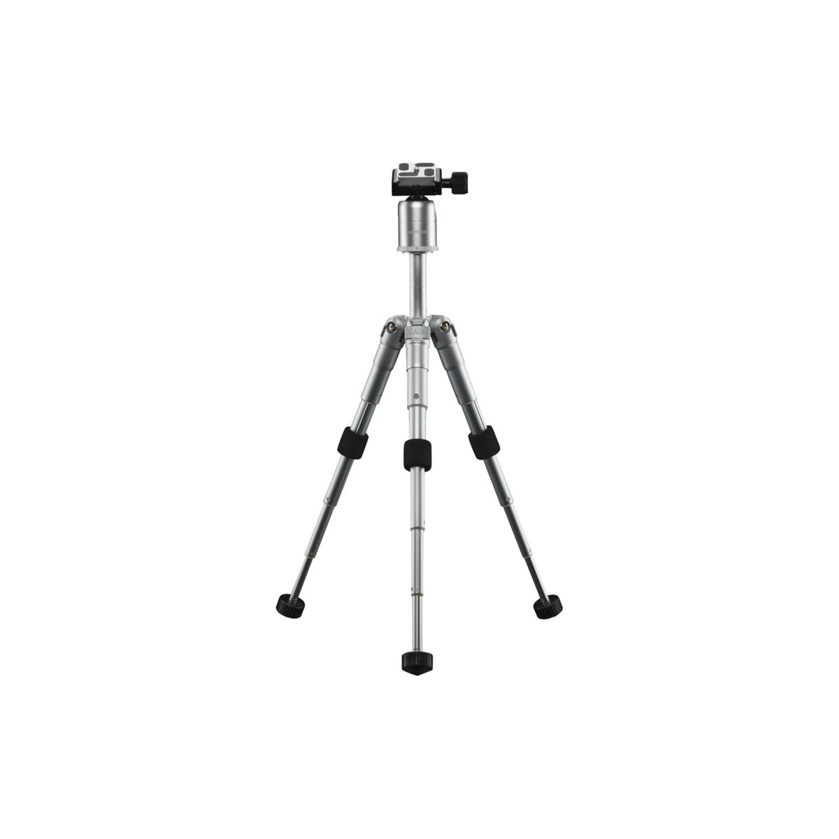 Srebrny statyw z trzema nogami i głowicą do aparatu, na białym tle.