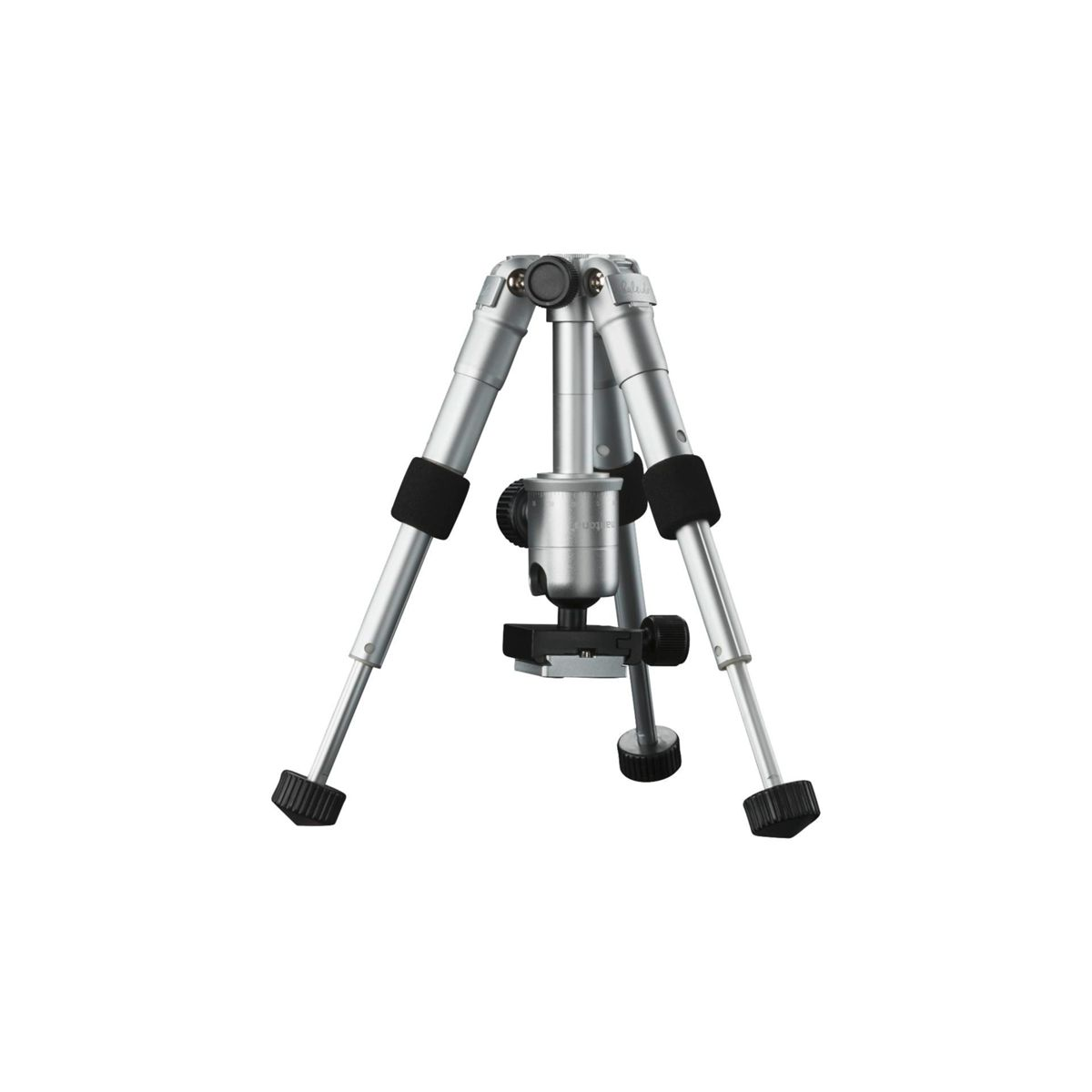 Srebrny statyw z trzema nogami, centralną kolumną i pokrętłami regulacyjnymi, skierowany w górę.