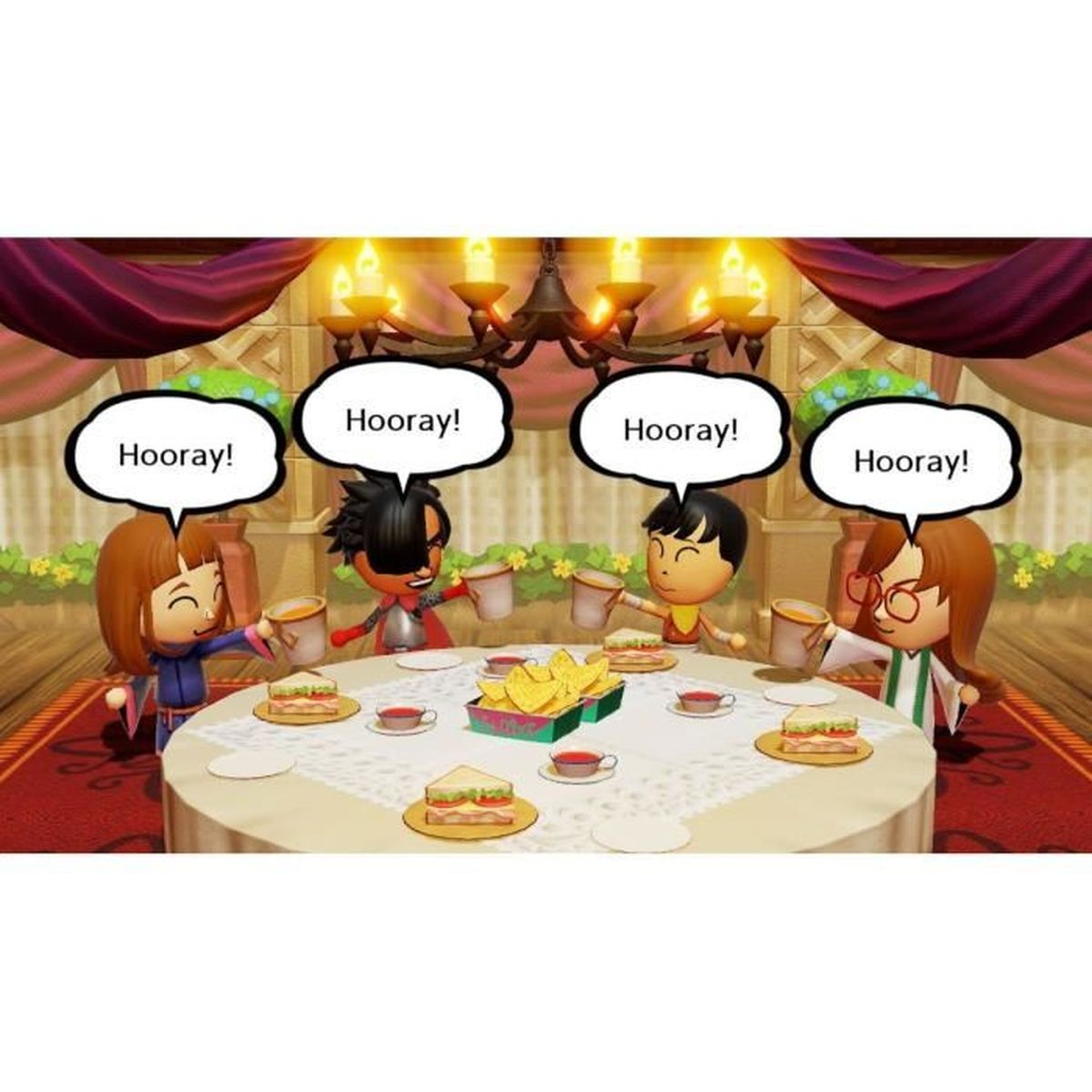 Cztery postacie z kreskówek przy stole z jedzeniem, każda z dymkami z napisem 'Hura!'. Stół jest nakryty.