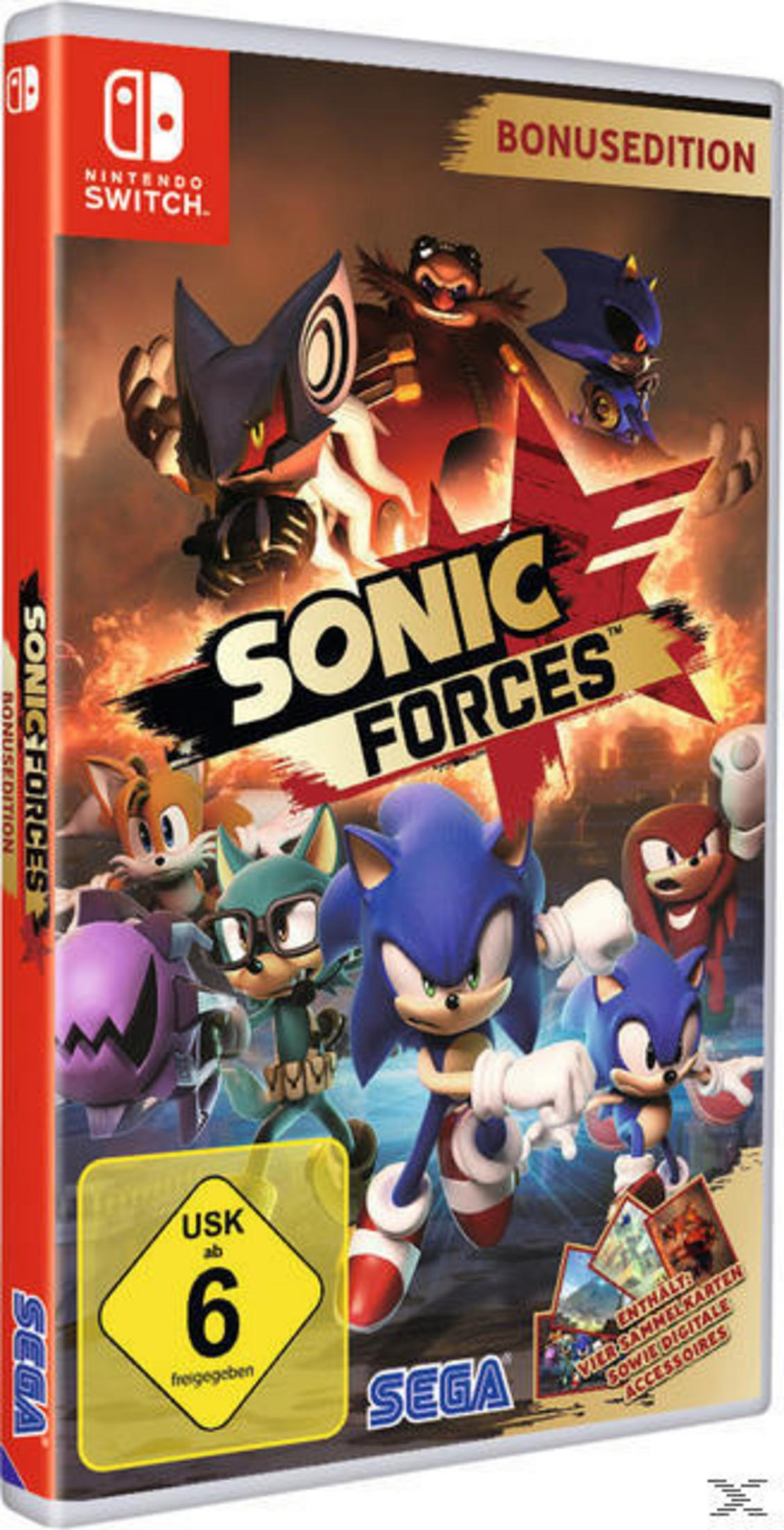 Eine Nintendo Switch-Spielbox für 'Sonic Forces'. Enthält Sonic und andere Charaktere mit der USK-Einstufung 6.