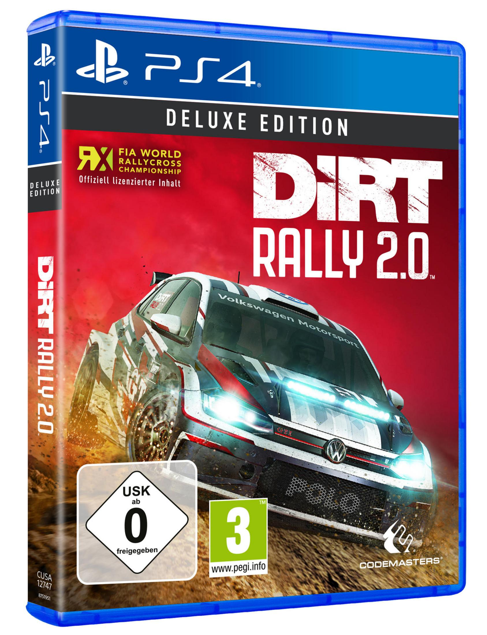 Spielcover: Rennwagen auf rotem Hintergrund; Titel: Dirt Rally 2.0; blaue PS4-Hülle.