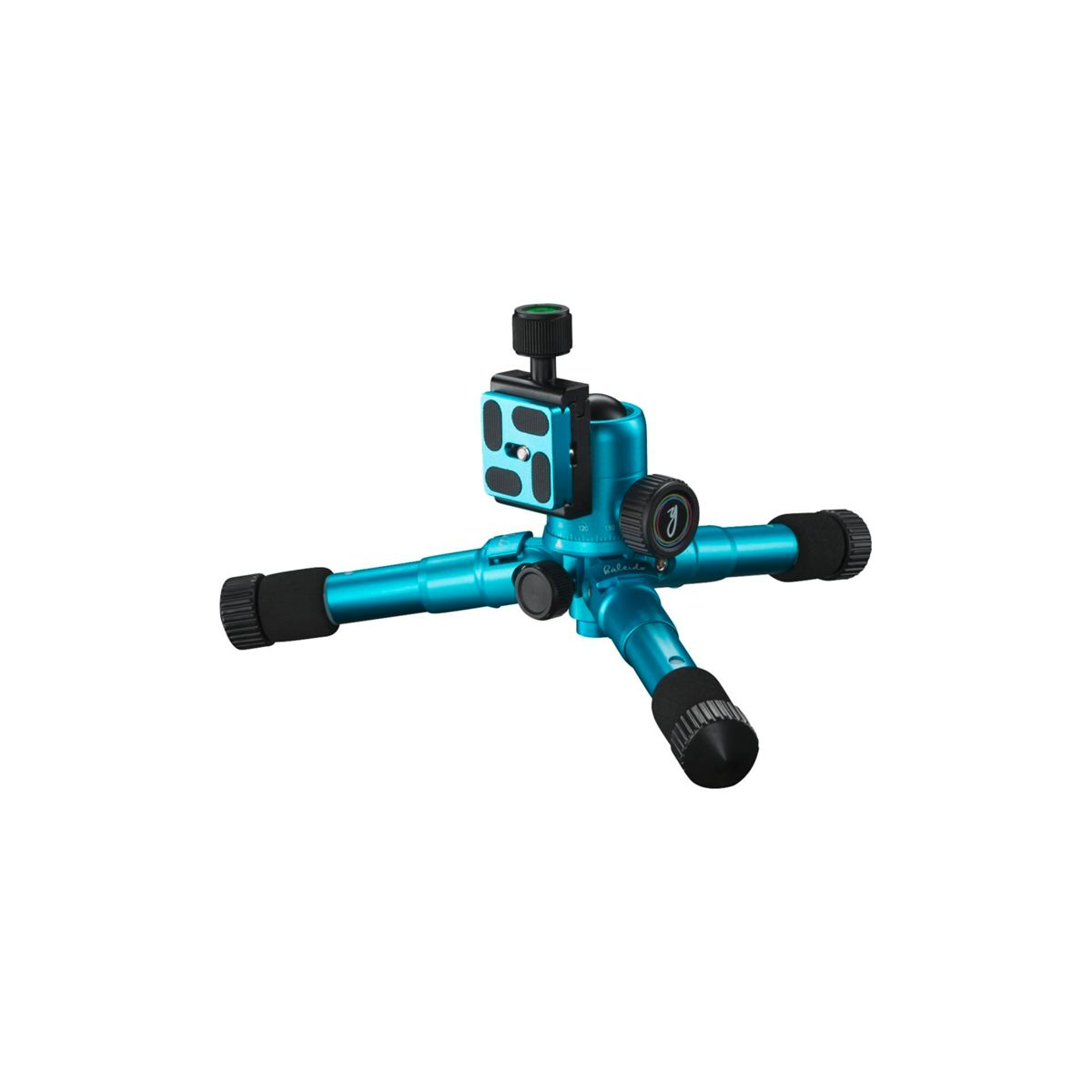 Niebieski statyw z trzema nogami, kolumną centralną i czarnymi gumowymi stopkami.