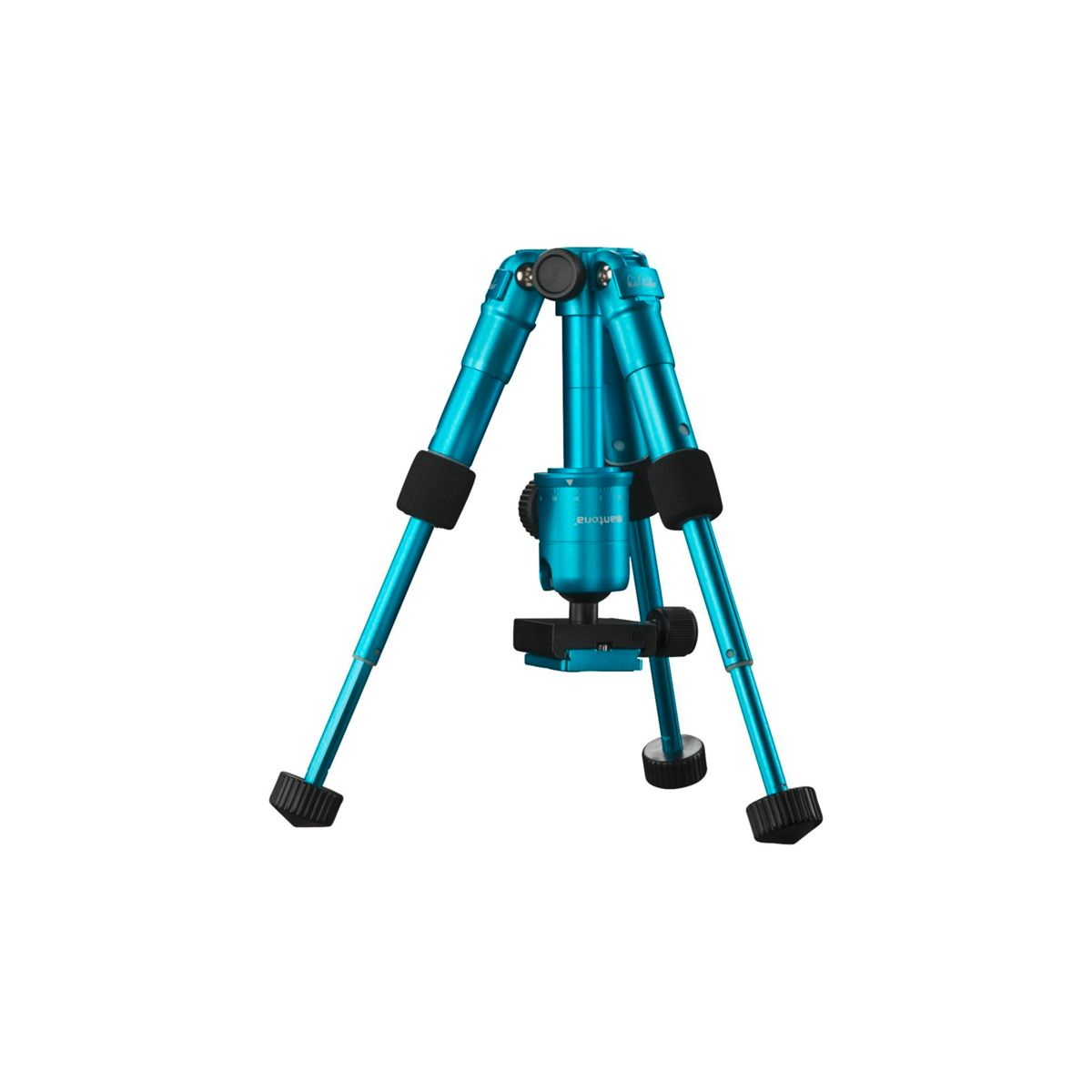 Niebieski statyw z trzema nogami, kolumną centralną i czarnymi gumowymi stopkami.