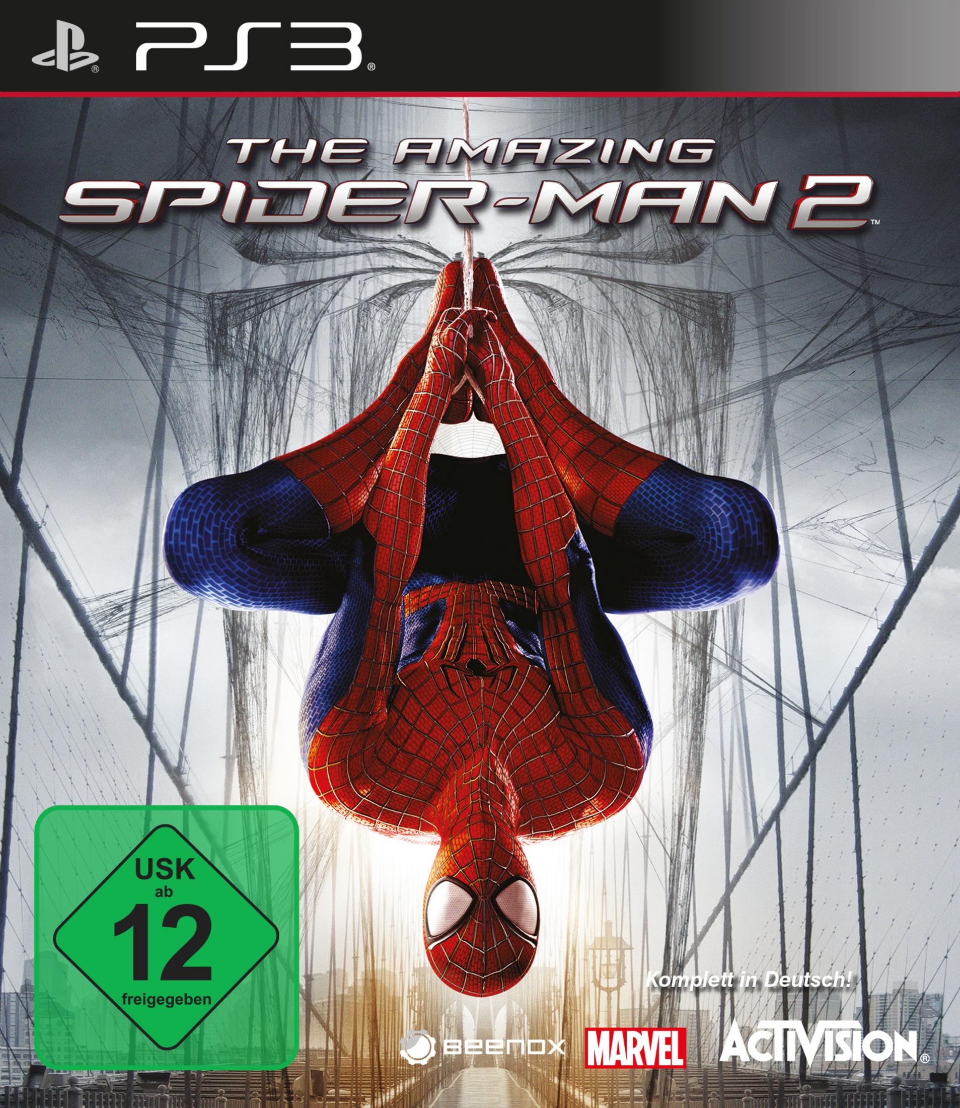 Spider-Man hängt kopfüber. Spieltitel: The Amazing Spider-Man 2.