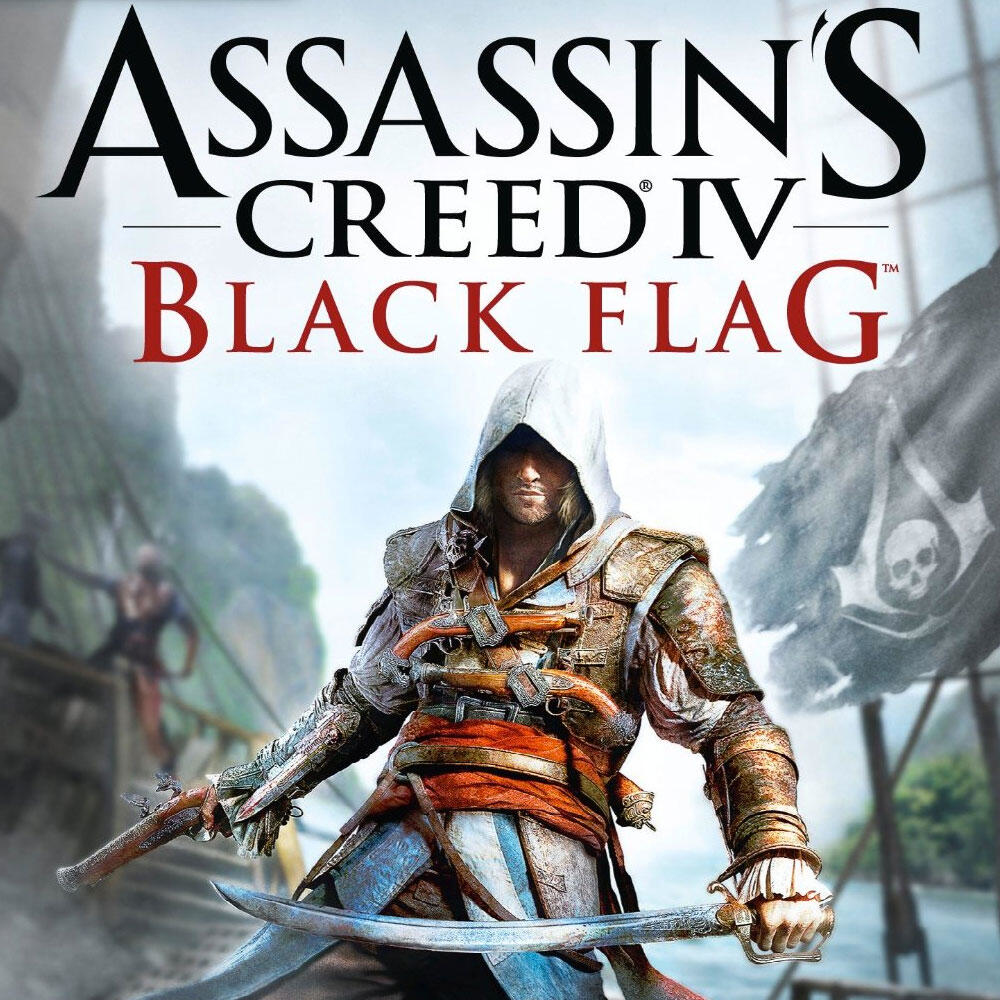 Pirat trzymający miecz na okładce Assassin's Creed IV: Black Flag.