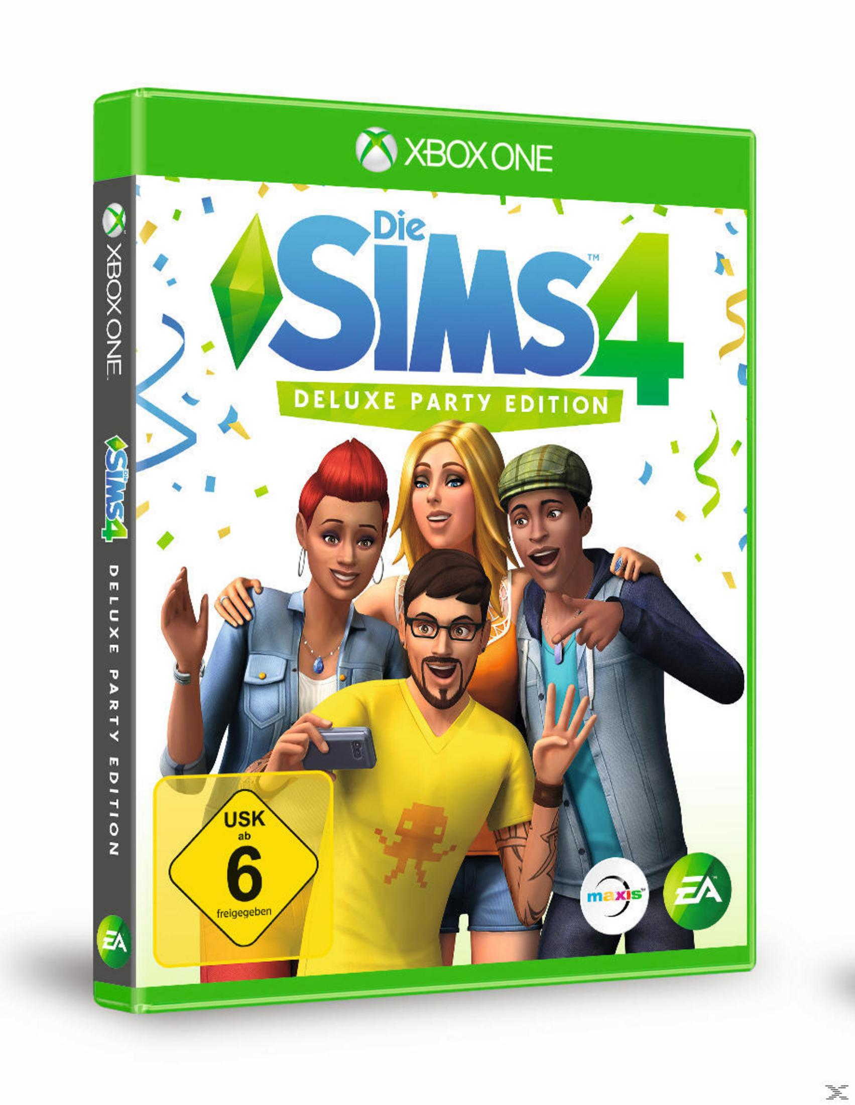 The Sims 4 Deluxe Party Edition-Cover. Vier Personen posieren vor einem weißen Hintergrund.