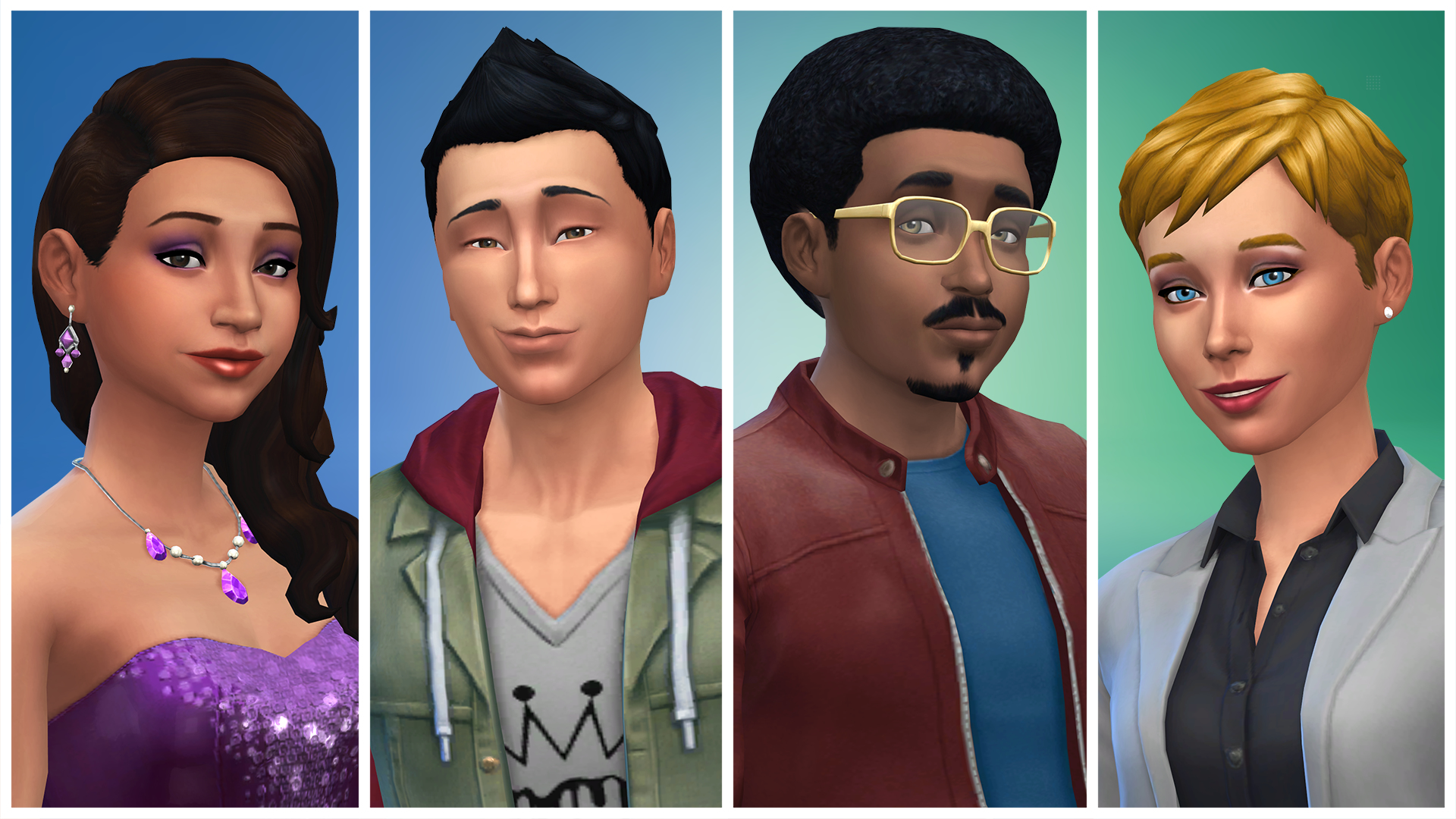 Vier Sims-Charaktere, jeweils mit einzigartigen Frisuren und Kleidung. Sie stammen aus dem Spiel Die Sims 4.
