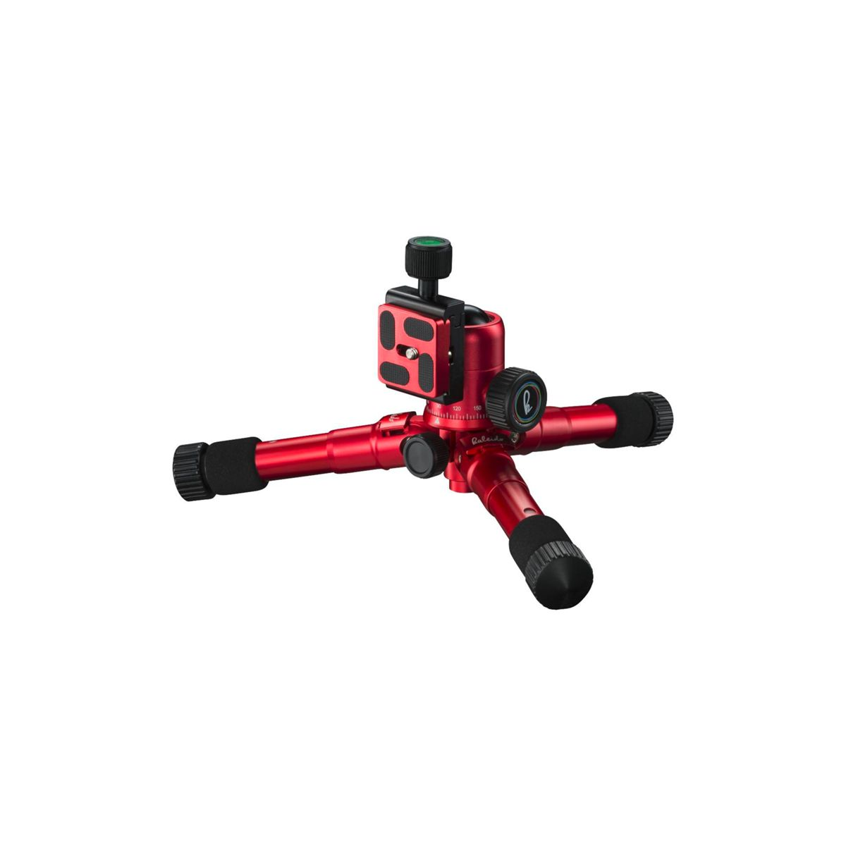 Czerwony statyw z trzema nogami i mocowaniem kamery na białym tle.